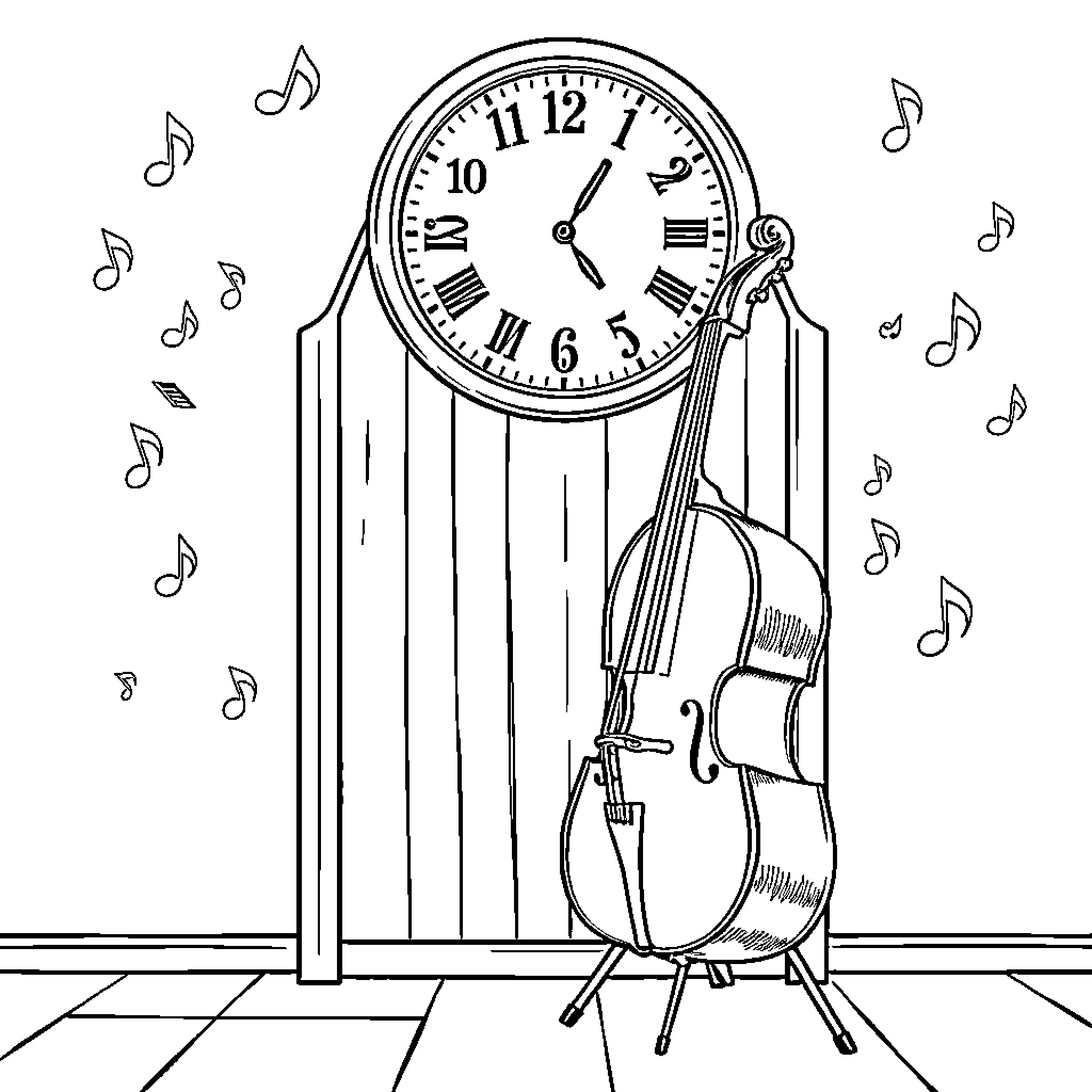 Clock with musical instruments and notes Coloring Page (free black-and-white line drawing printable PDF for all, from beginners to advanced learners, including children, teens, adults, and seniors)
