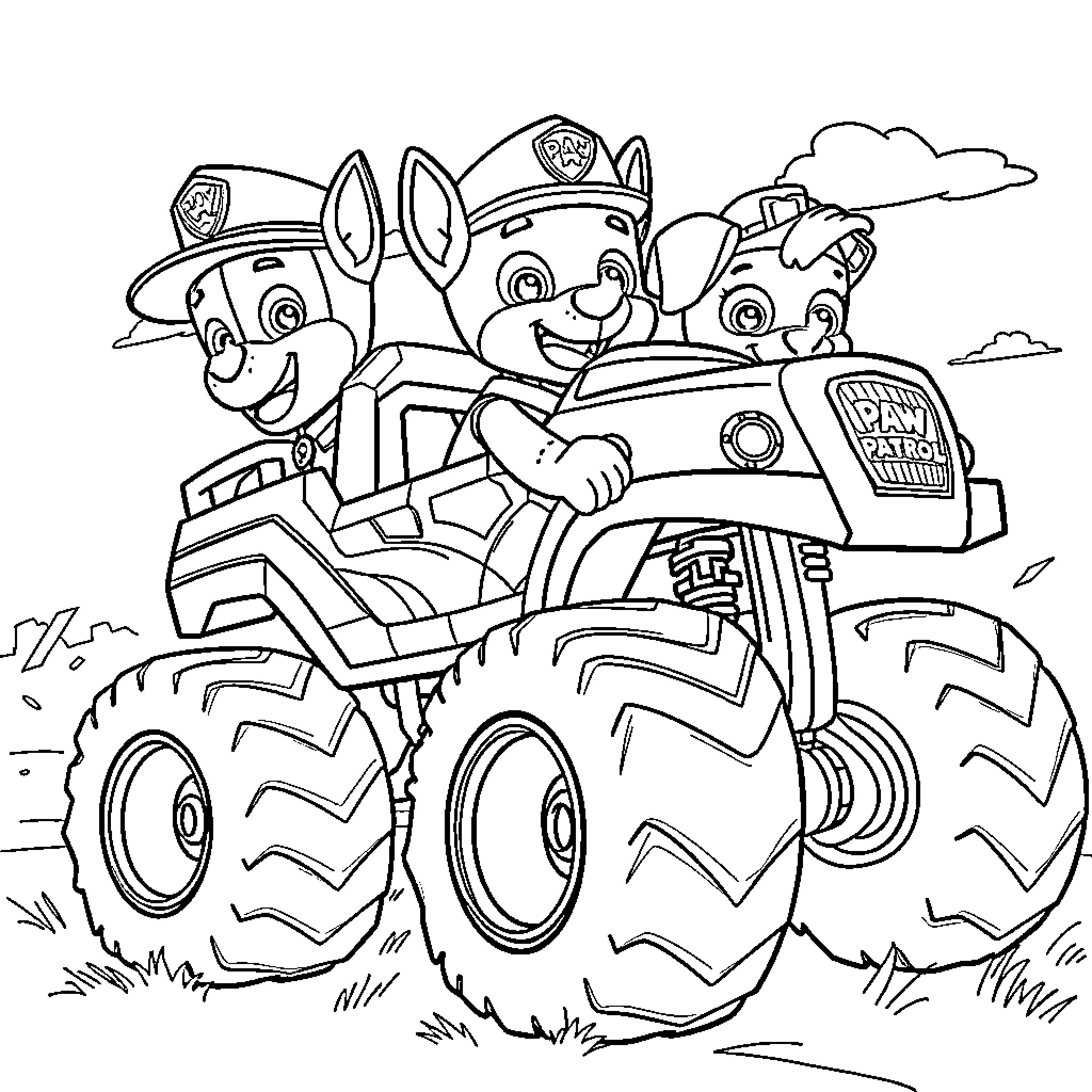 Paw Patrol Pups Ride Monster Truck on Adventure Coloring Page (free black-and-white line drawing printable PDF for all, from beginners to advanced learners, including children, teens, adults, and seniors)