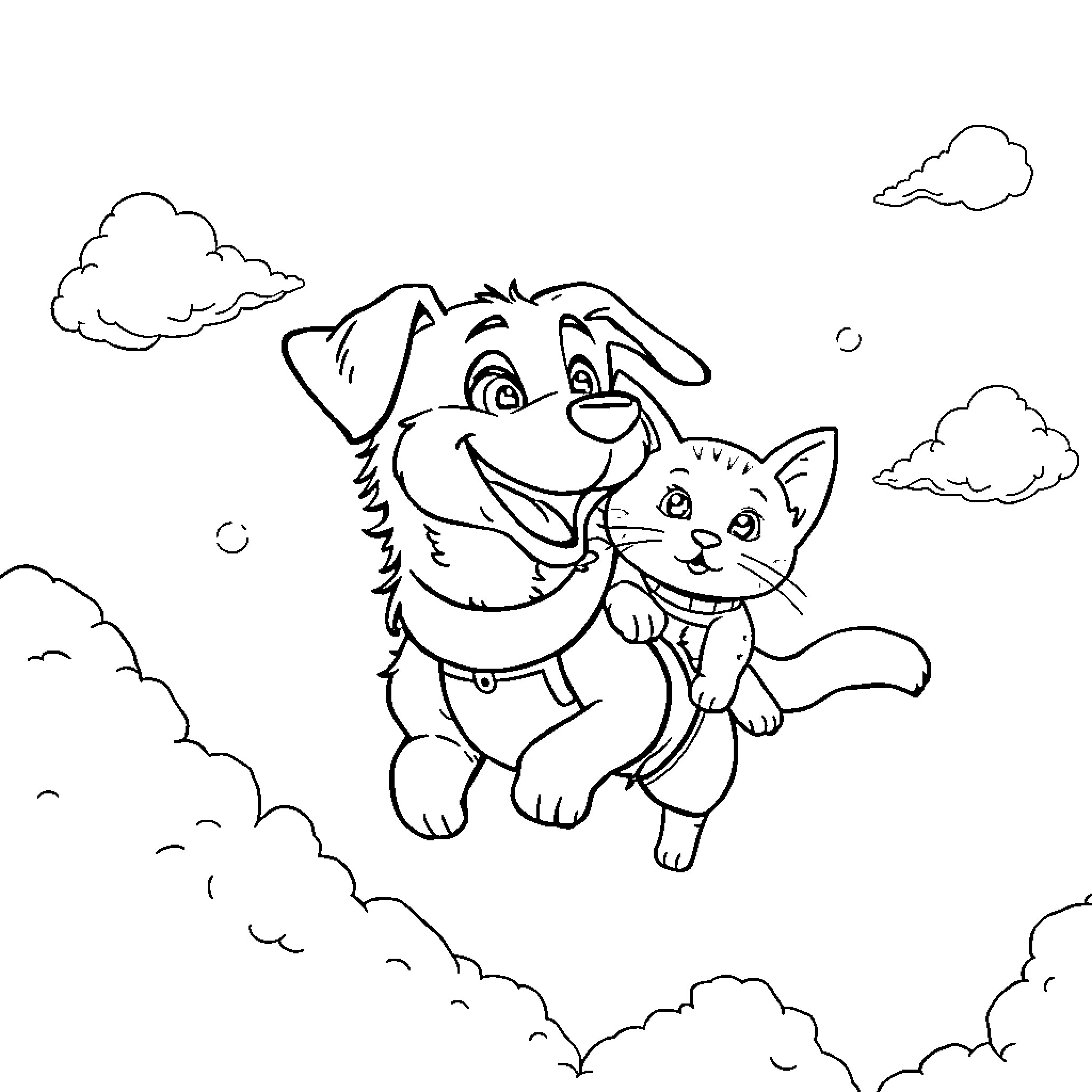 Dog and Cat playing together in the clouds Coloring Page (free black-and-white line drawing printable PDF for all, from beginners to advanced learners, including children, teens, adults, and seniors)