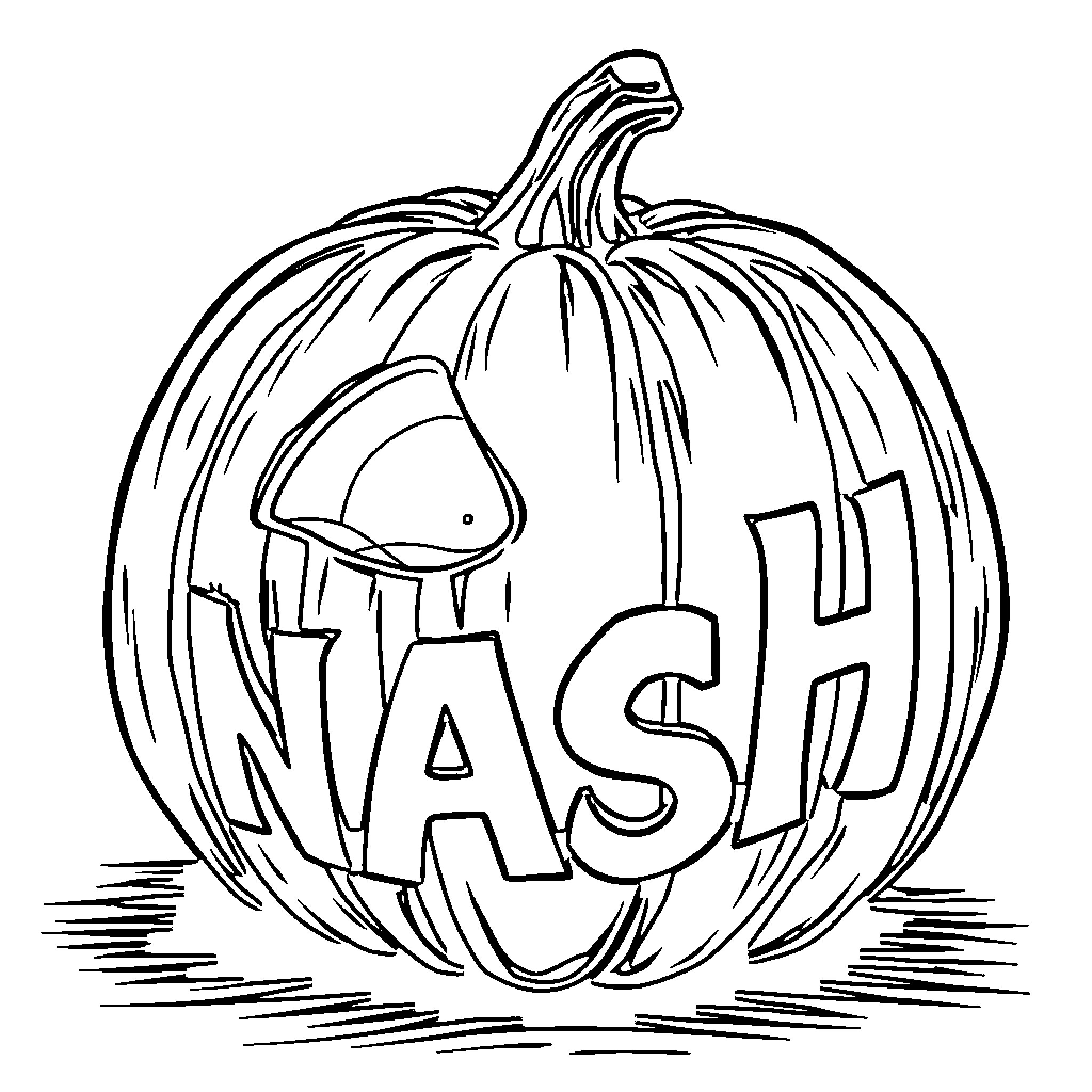 Jack-o'-lantern carved with the word 'Trash' Coloring Page (free black-and-white line drawing printable PDF for all, from beginners to advanced learners, including children, teens, adults, and seniors)