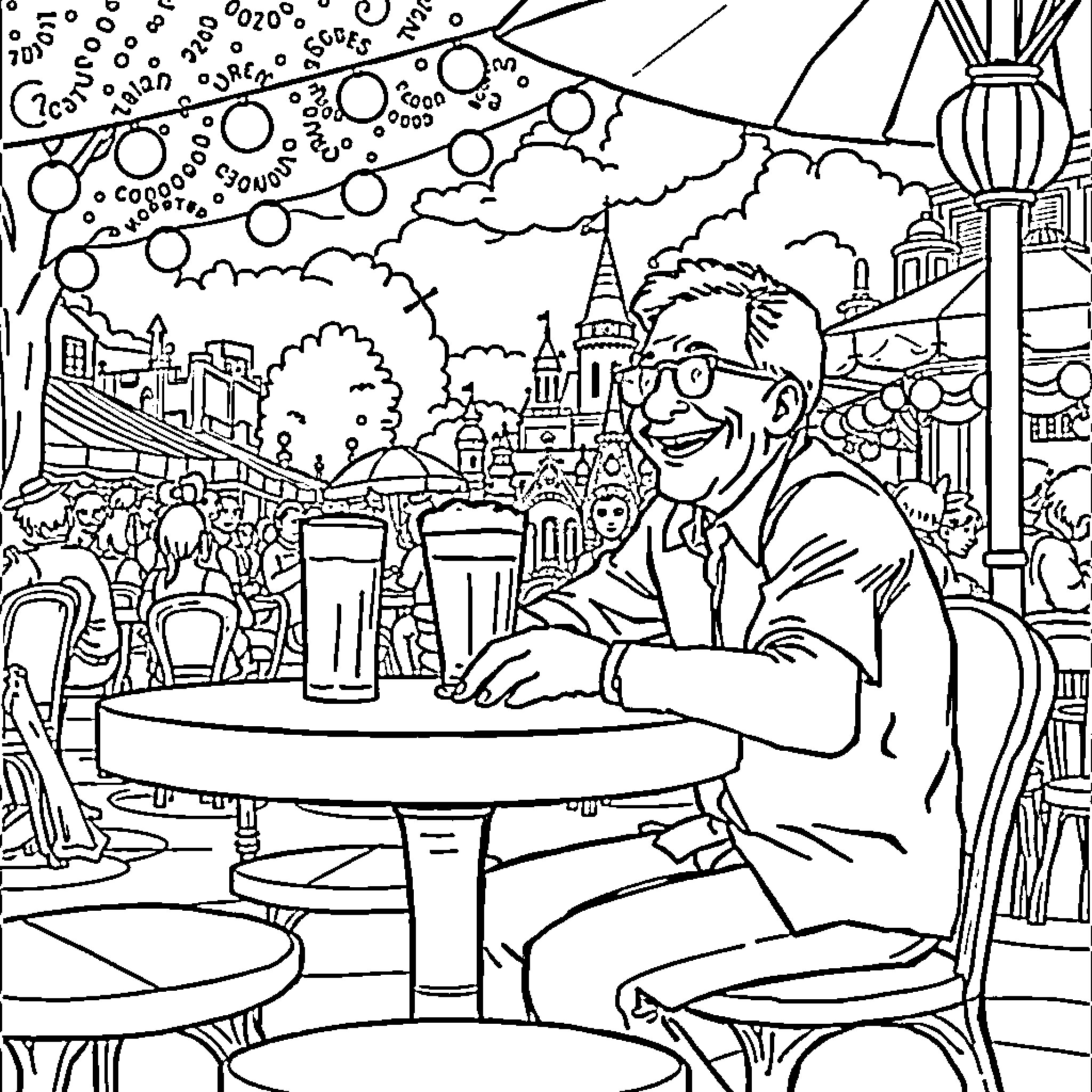 Baden Powell Enjoying the Lively Outdoor Cafe Scene Coloring Page (free black-and-white line drawing printable PDF for all, from beginners to advanced learners, including children, teens, adults, and seniors)