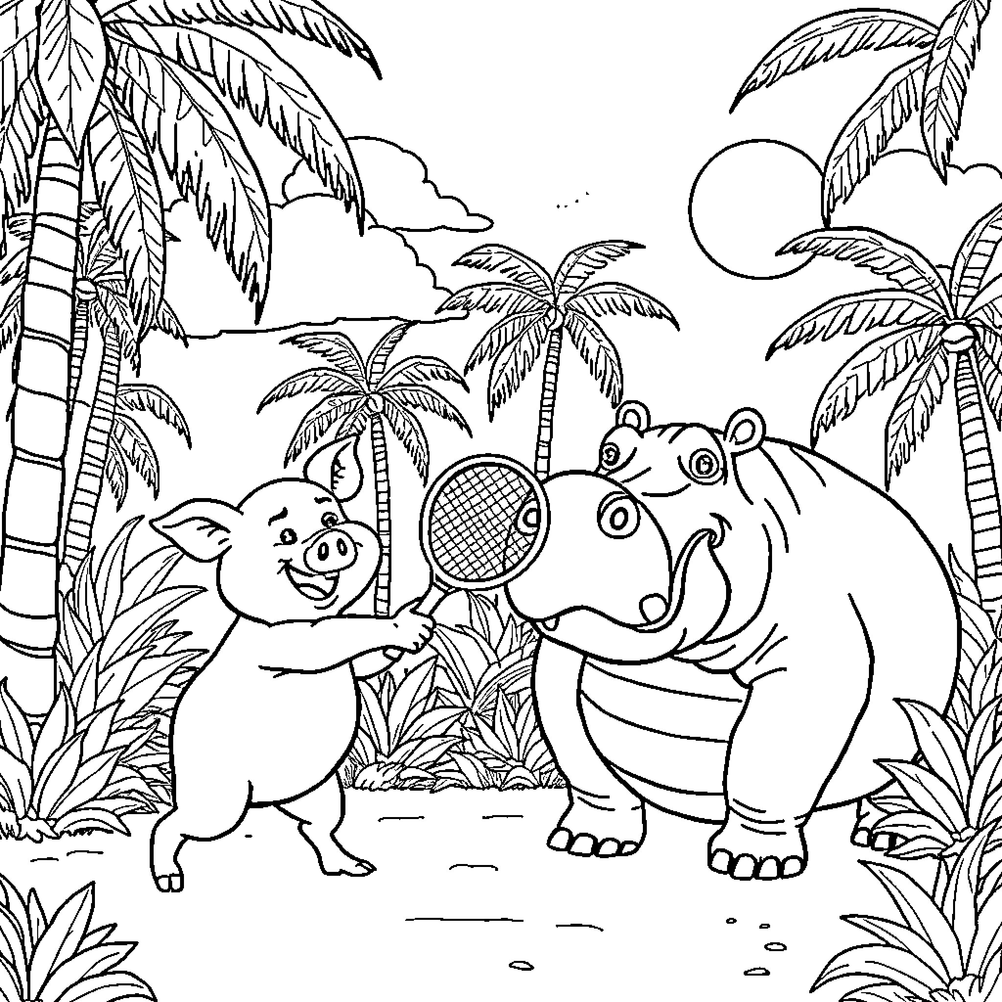 Pig playing tennis with hippo in tropical paradise Coloring Page (free black-and-white line drawing printable PDF for all, from beginners to advanced learners, including children, teens, adults, and seniors)