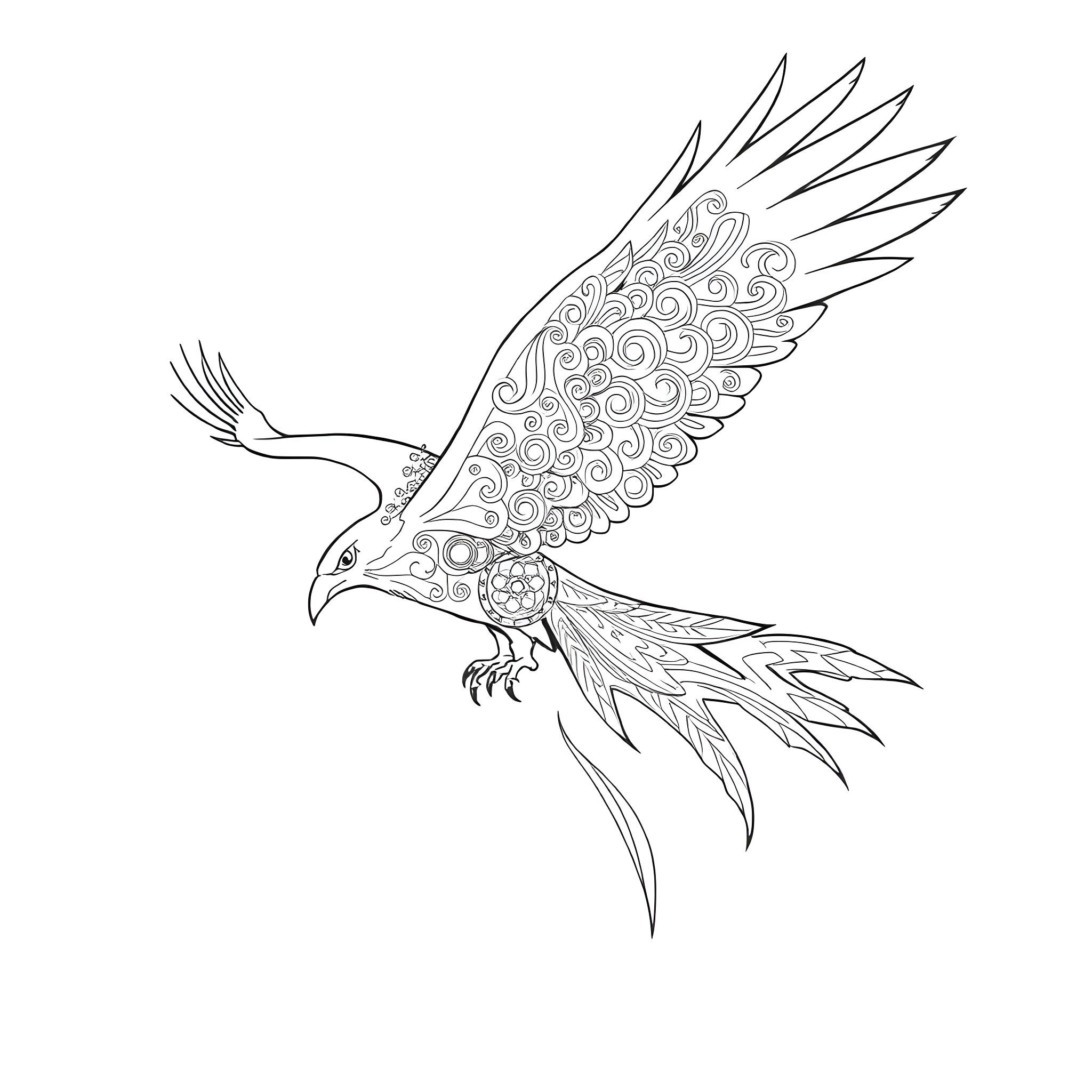 Thunderbird spreading its ornate wings in flight Coloring Page (free black-and-white line drawing printable PDF for all, from beginners to advanced learners, including children, teens, adults, and seniors)