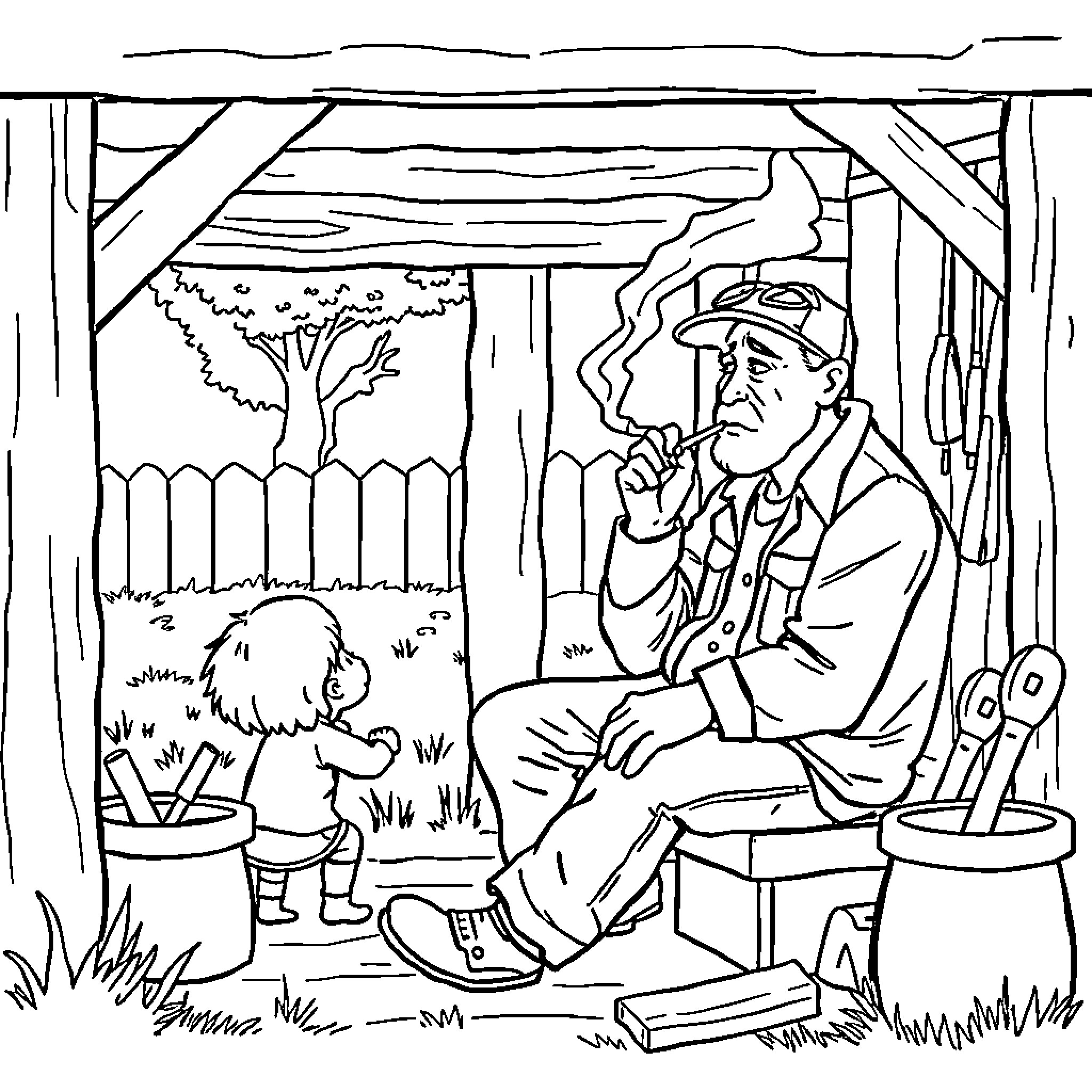 Dad relaxing in rustic backyard with grandchild Coloring Page (free black-and-white line drawing printable PDF for all, from beginners to advanced learners, including children, teens, adults, and seniors)