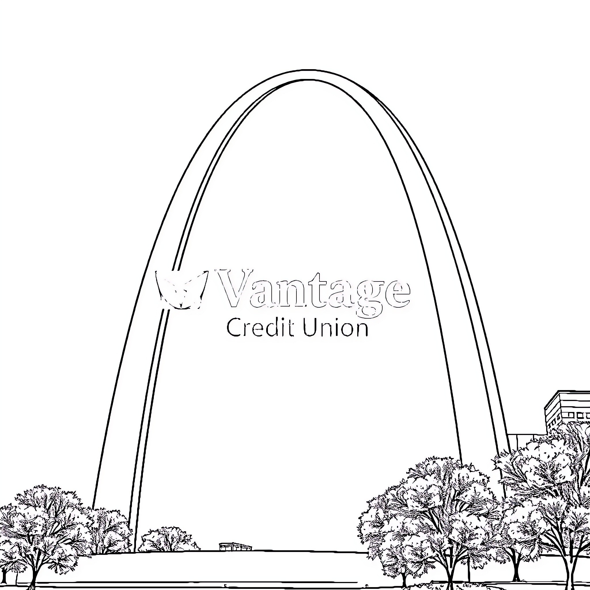 Vantage Credit Union - Iconic Gateway Arch Cityscape Coloring Page (free black-and-white line drawing printable PDF for all, from beginners to advanced learners, including children, teens, adults, and seniors)
