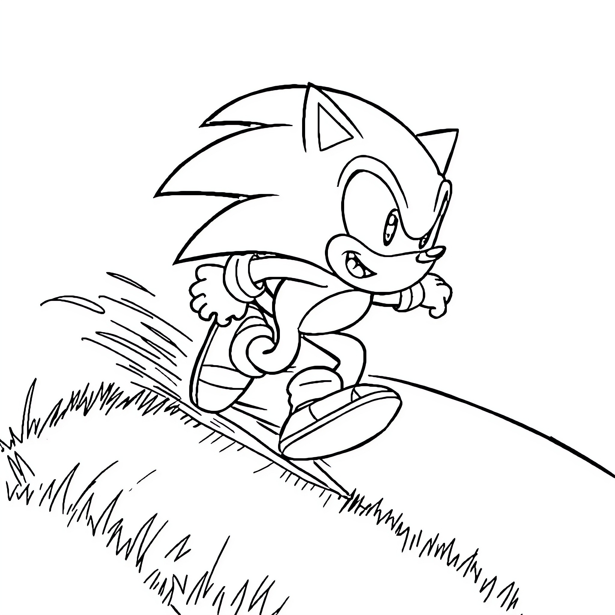 Sonic dashing through the grassy terrain Coloring Page (free black-and-white line drawing printable PDF for all, from beginners to advanced learners, including children, teens, adults, and seniors)