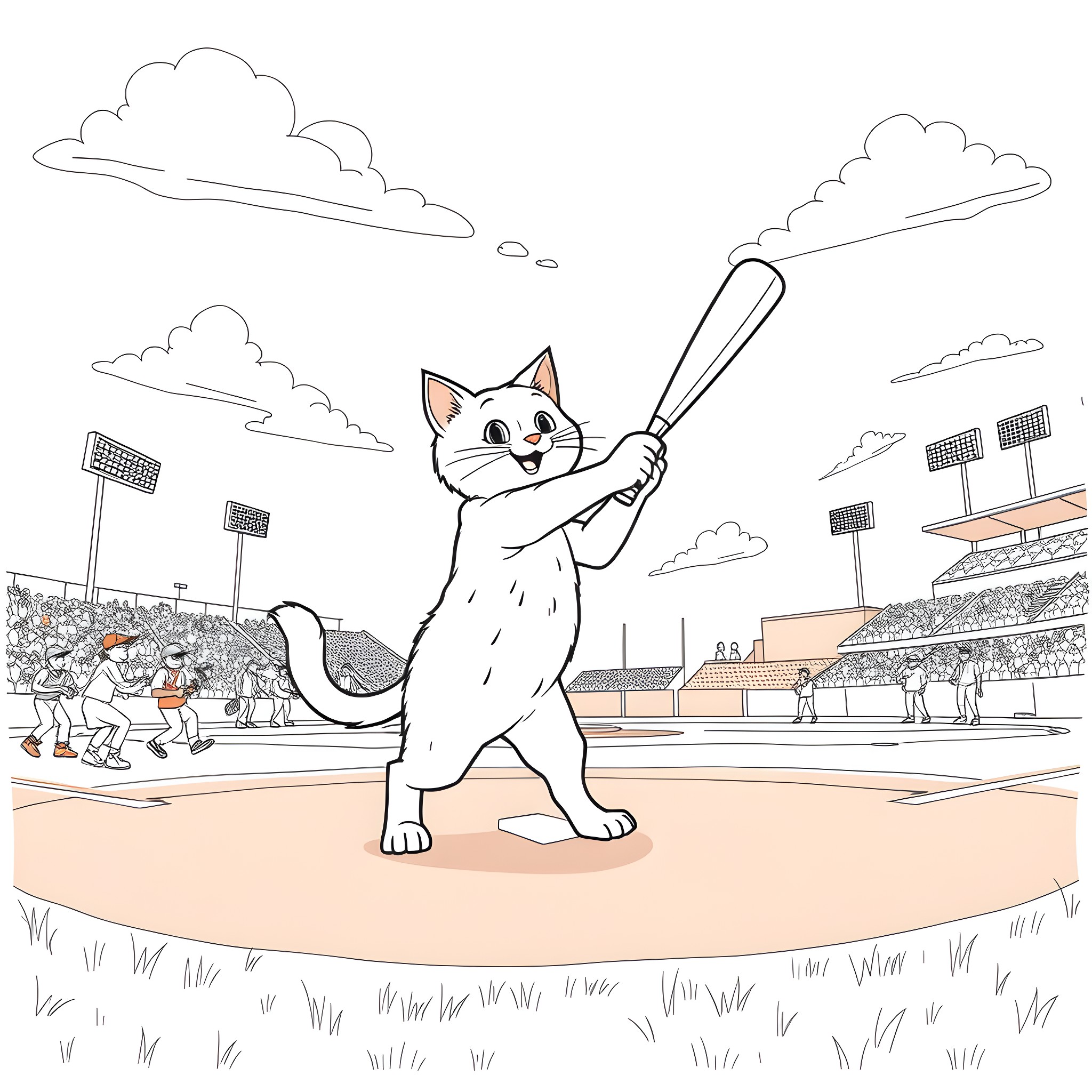 Cat playing baseball in the stadium Coloring Page (free black-and-white line drawing printable PDF for all, from beginners to advanced learners, including children, teens, adults, and seniors)