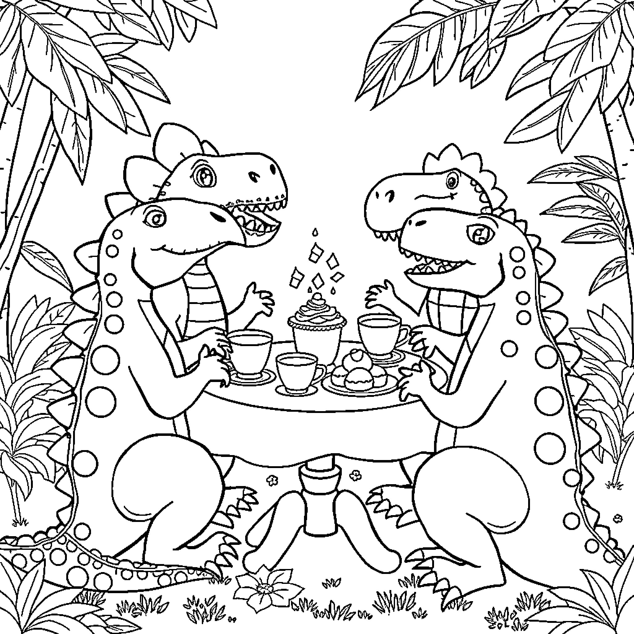 Dinosaurs Having a Tea Party in the Jungle Coloring Page (free black-and-white line drawing printable PDF for all, from beginners to advanced learners, including children, teens, adults, and seniors)