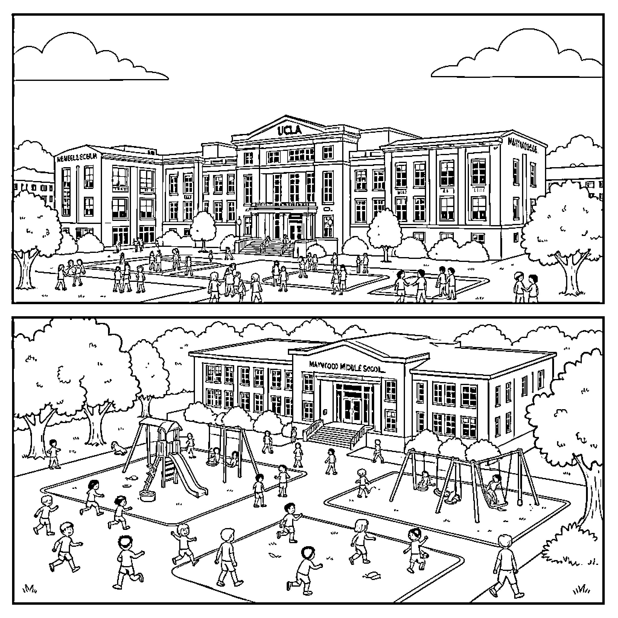 School campus with diverse student activities Coloring Page (free black-and-white line drawing printable PDF for all, from beginners to advanced learners, including children, teens, adults, and seniors)