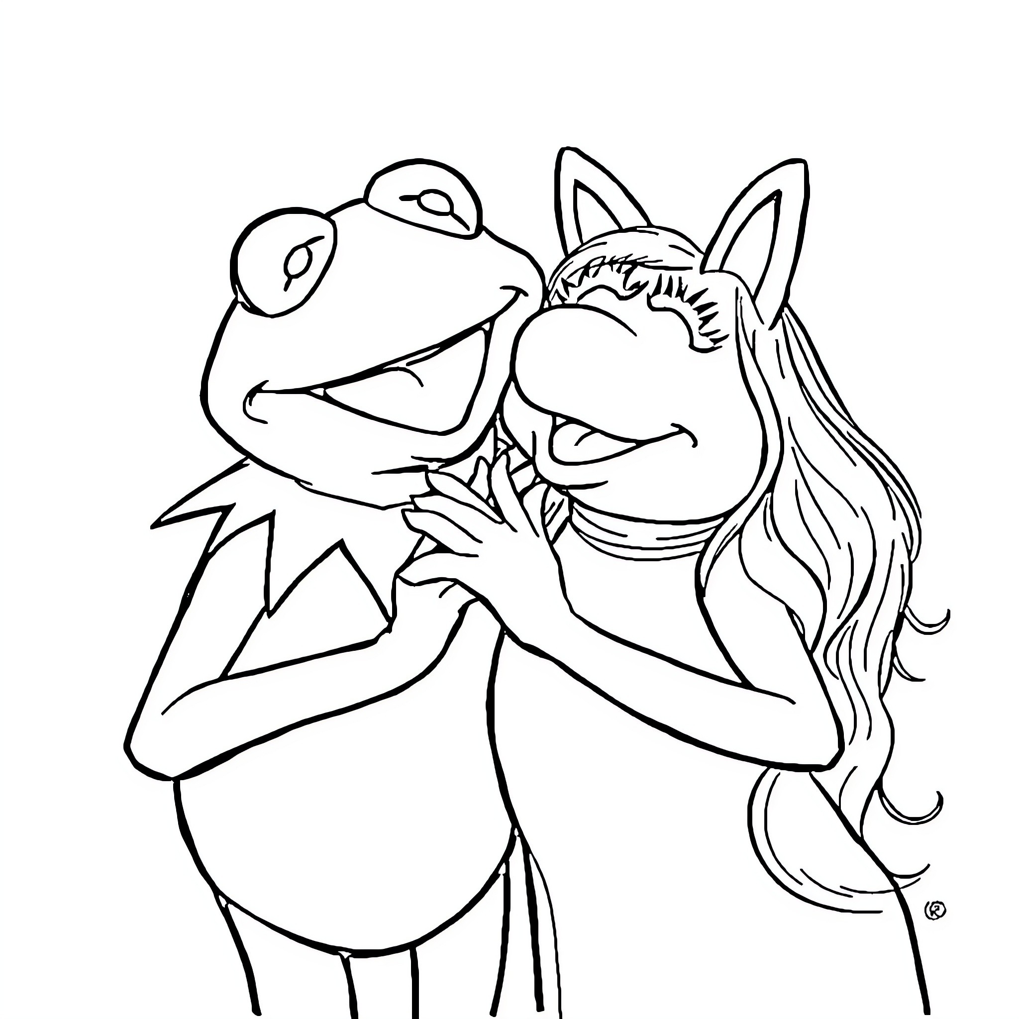Kermit and Miss Piggy in an embrace Coloring Page (free black-and-white line drawing printable PDF for all, from beginners to advanced learners, including children, teens, adults, and seniors)