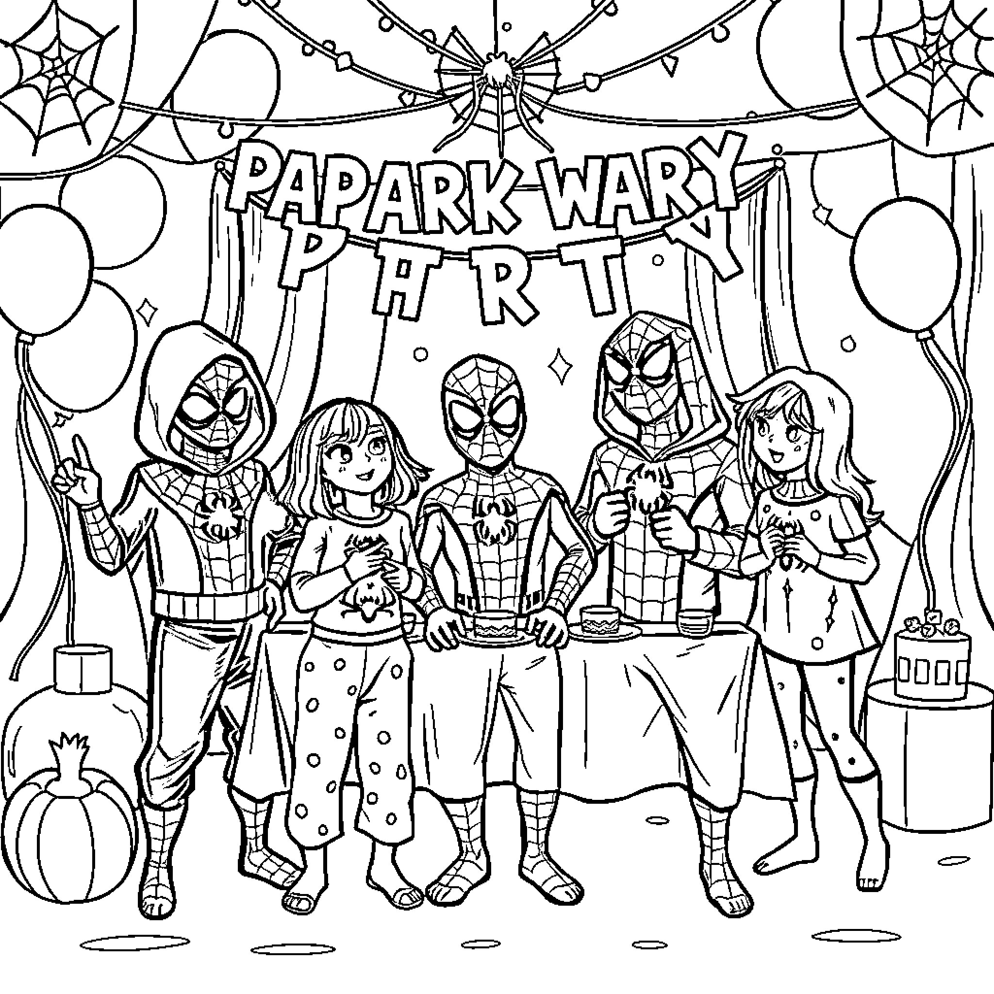 Spider-Man and friends celebrate a party Coloring Page (free black-and-white line drawing printable PDF for all, from beginners to advanced learners, including children, teens, adults, and seniors)