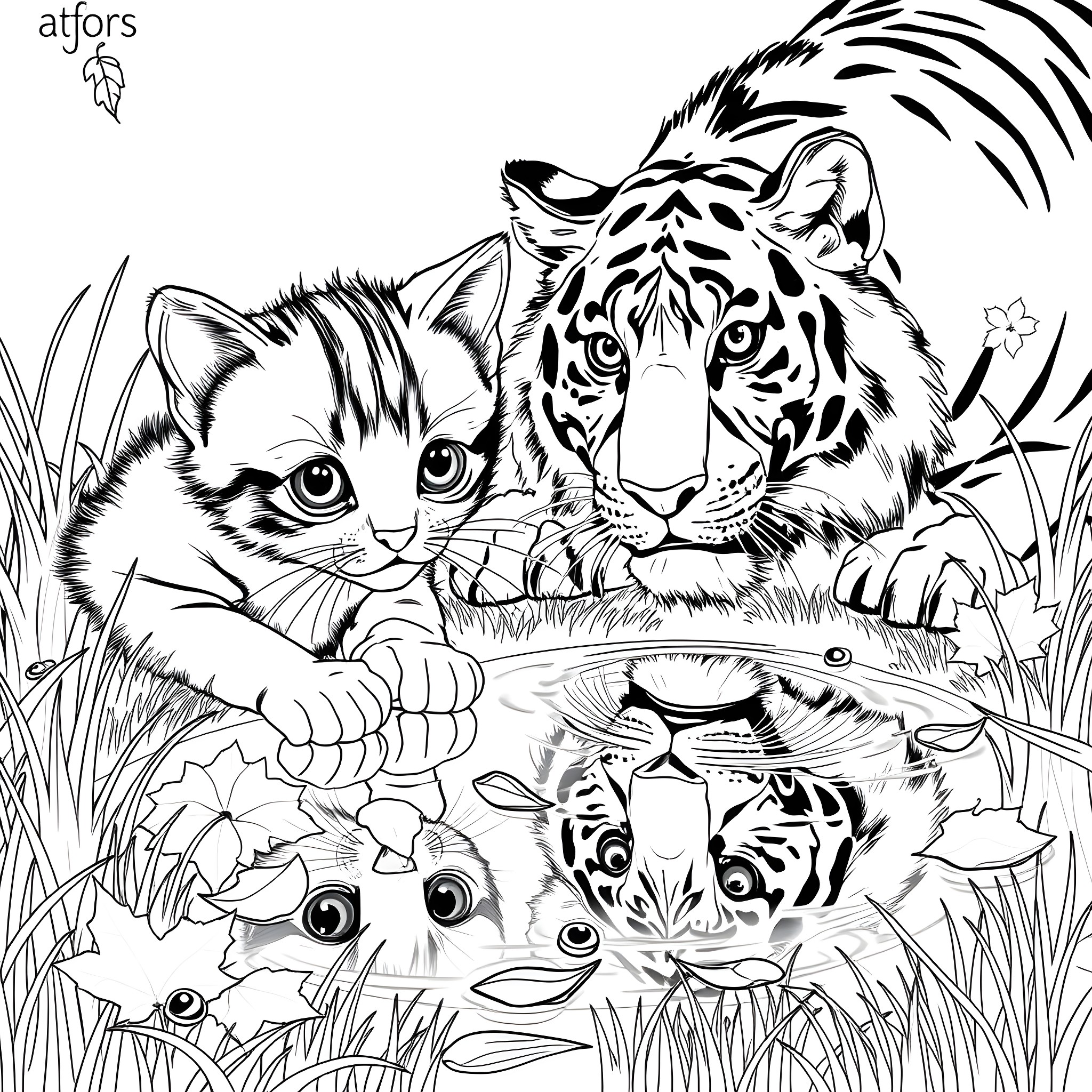 Kittens and Tiger Exploring the Wilderness Coloring Page (free black-and-white line drawing printable PDF for all, from beginners to advanced learners, including children, teens, adults, and seniors)