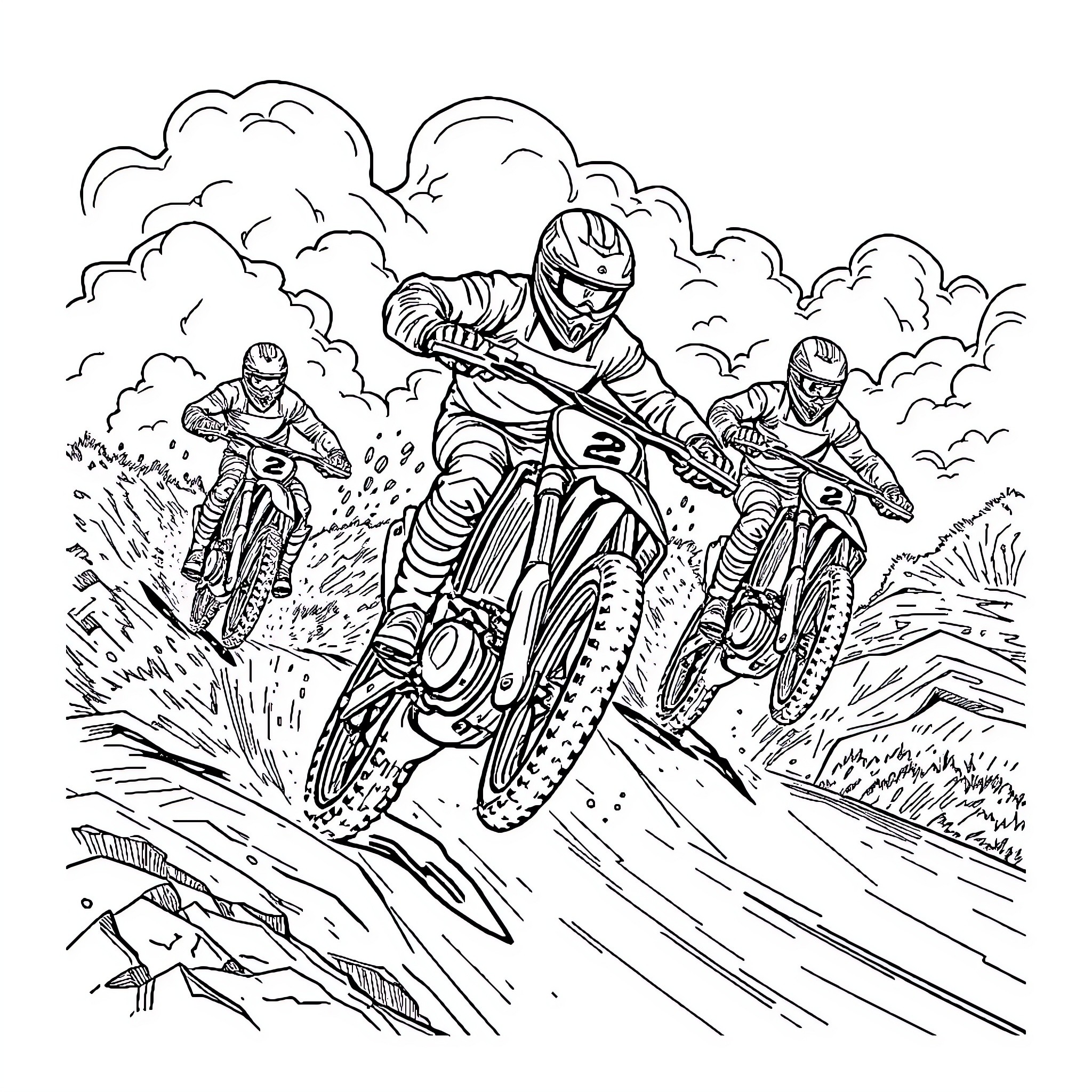Moto Cross Riders Navigating Rough Terrain Coloring Page (free black-and-white line drawing printable PDF for all, from beginners to advanced learners, including children, teens, adults, and seniors)