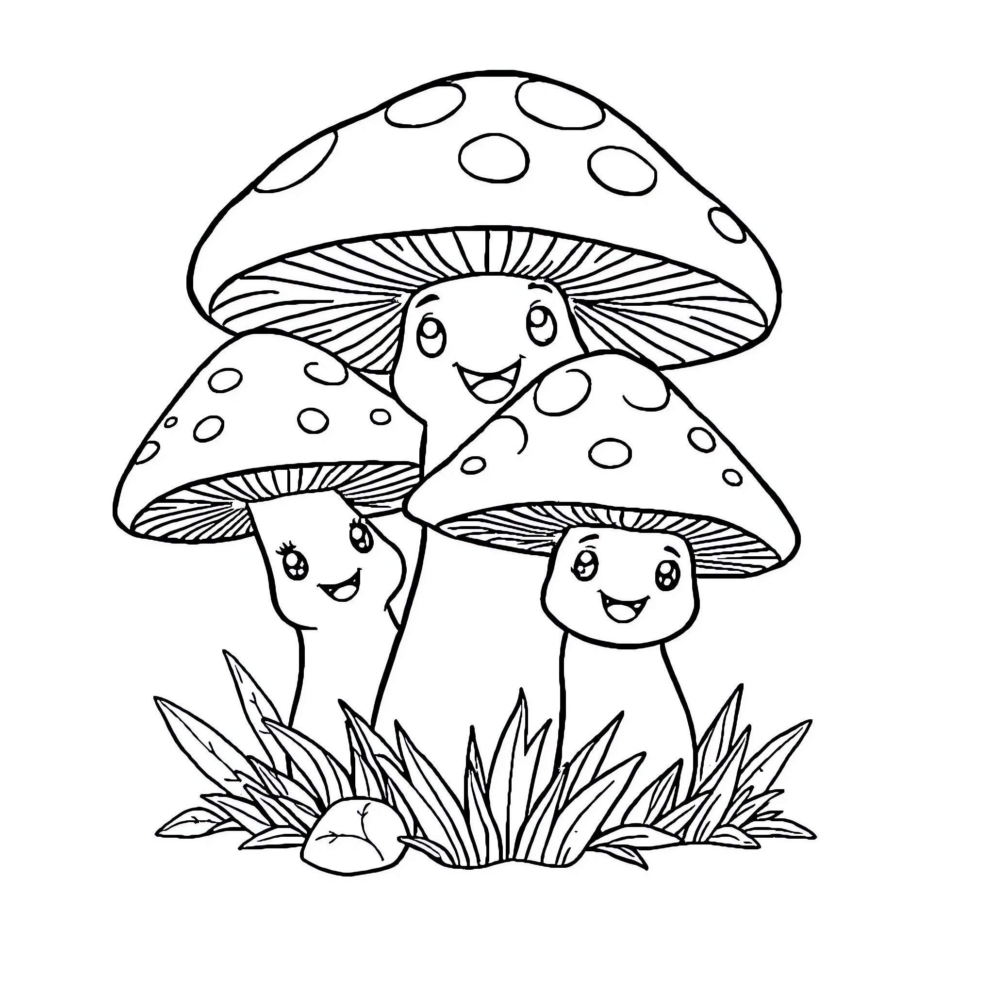 Mushroom friends smiling and playing in the garden Coloring Page (free black-and-white line drawing printable PDF for all, from beginners to advanced learners, including children, teens, adults, and seniors)