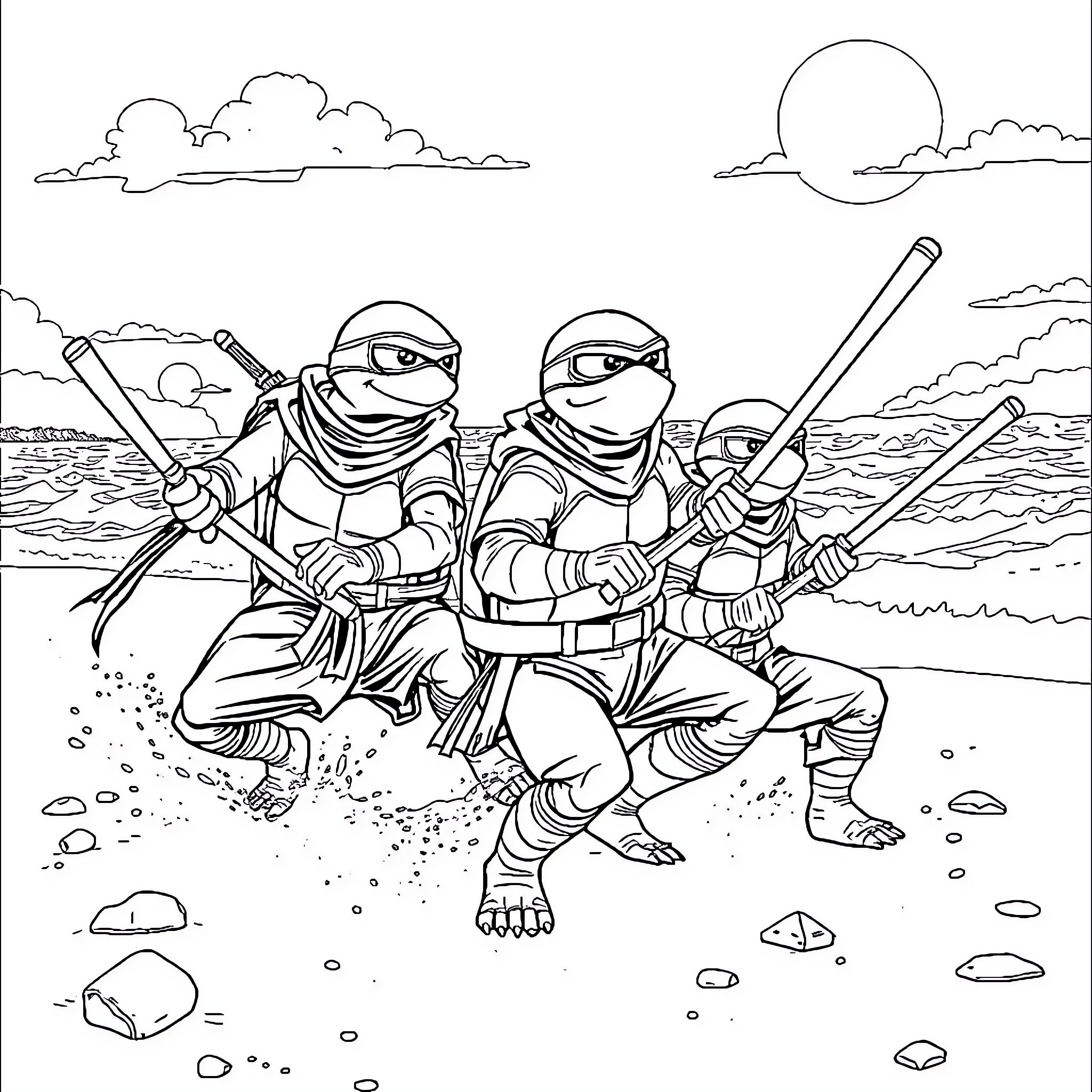 Ninja Turtles engaging in intense combat at the beach Coloring Page (free black-and-white line drawing printable PDF for all, from beginners to advanced learners, including children, teens, adults, and seniors)