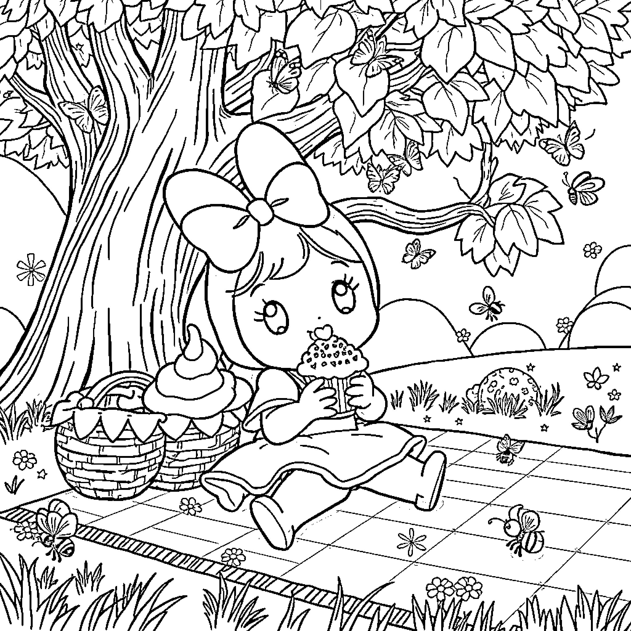 My Melody Enjoying Nature's Wonders Coloring Page (free black-and-white line drawing printable PDF for all, from beginners to advanced learners, including children, teens, adults, and seniors)