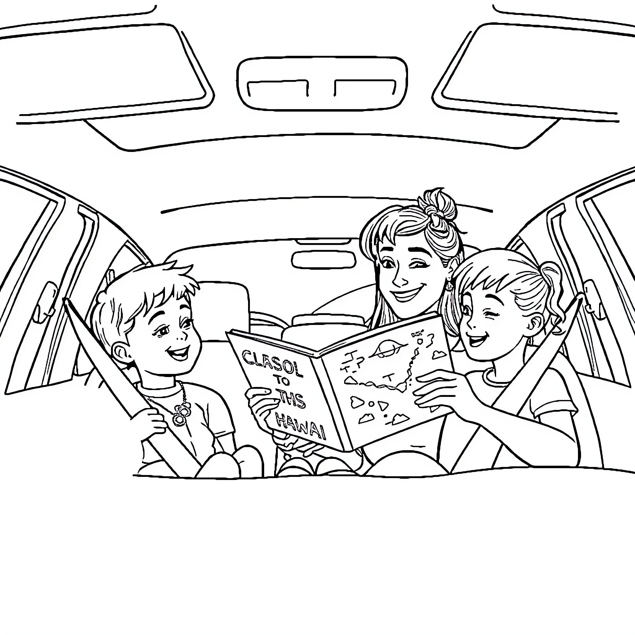 Mom reading a book with her children in the car Coloring Page (free black-and-white line drawing printable PDF for all, from beginners to advanced learners, including children, teens, adults, and seniors)