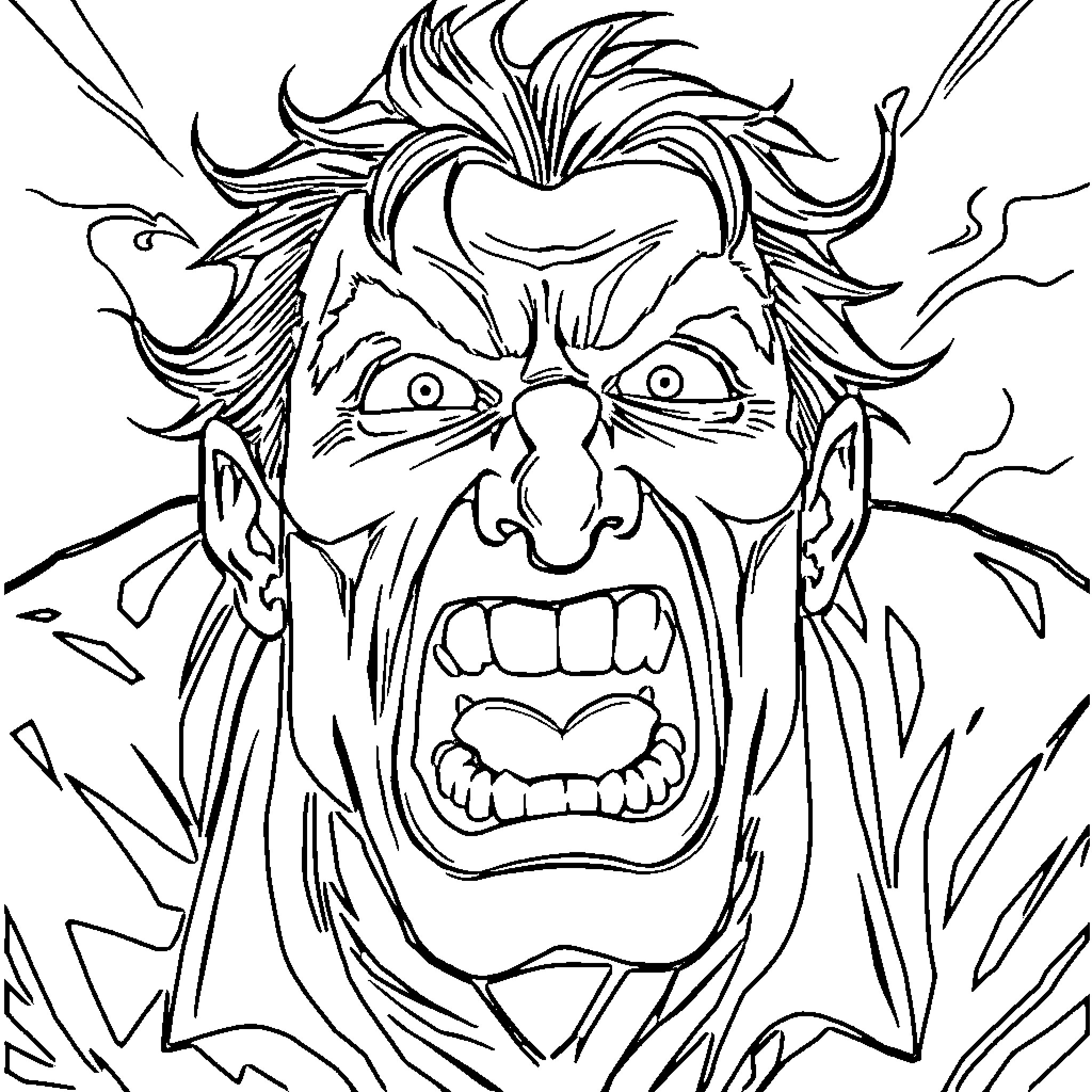 Words Angry man with wild hair Coloring Page (free black-and-white line drawing printable PDF for all, from beginners to advanced learners, including children, teens, adults, and seniors)