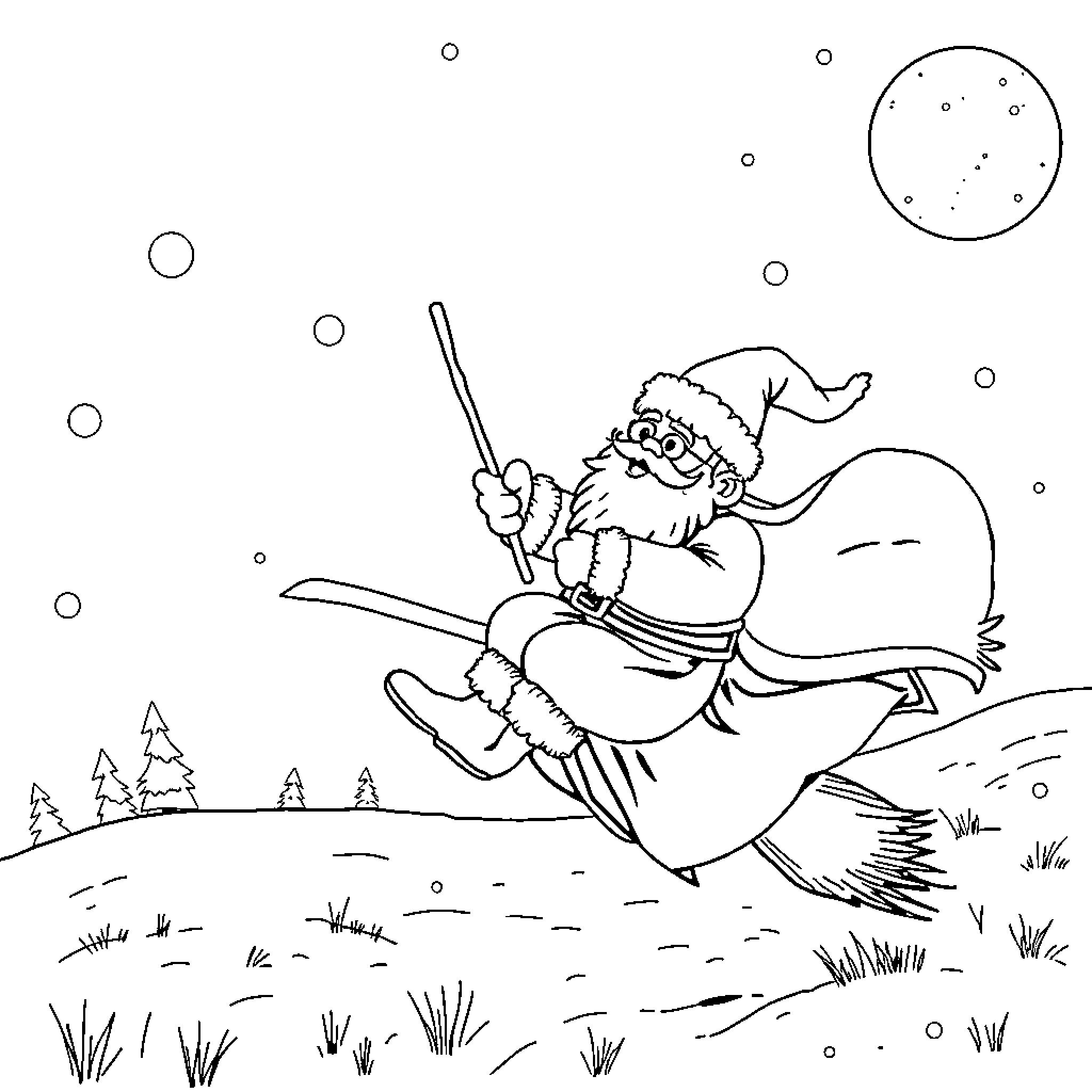 Santa sledding through a snowy landscape Coloring Page (free black-and-white line drawing printable PDF for all, from beginners to advanced learners, including children, teens, adults, and seniors)