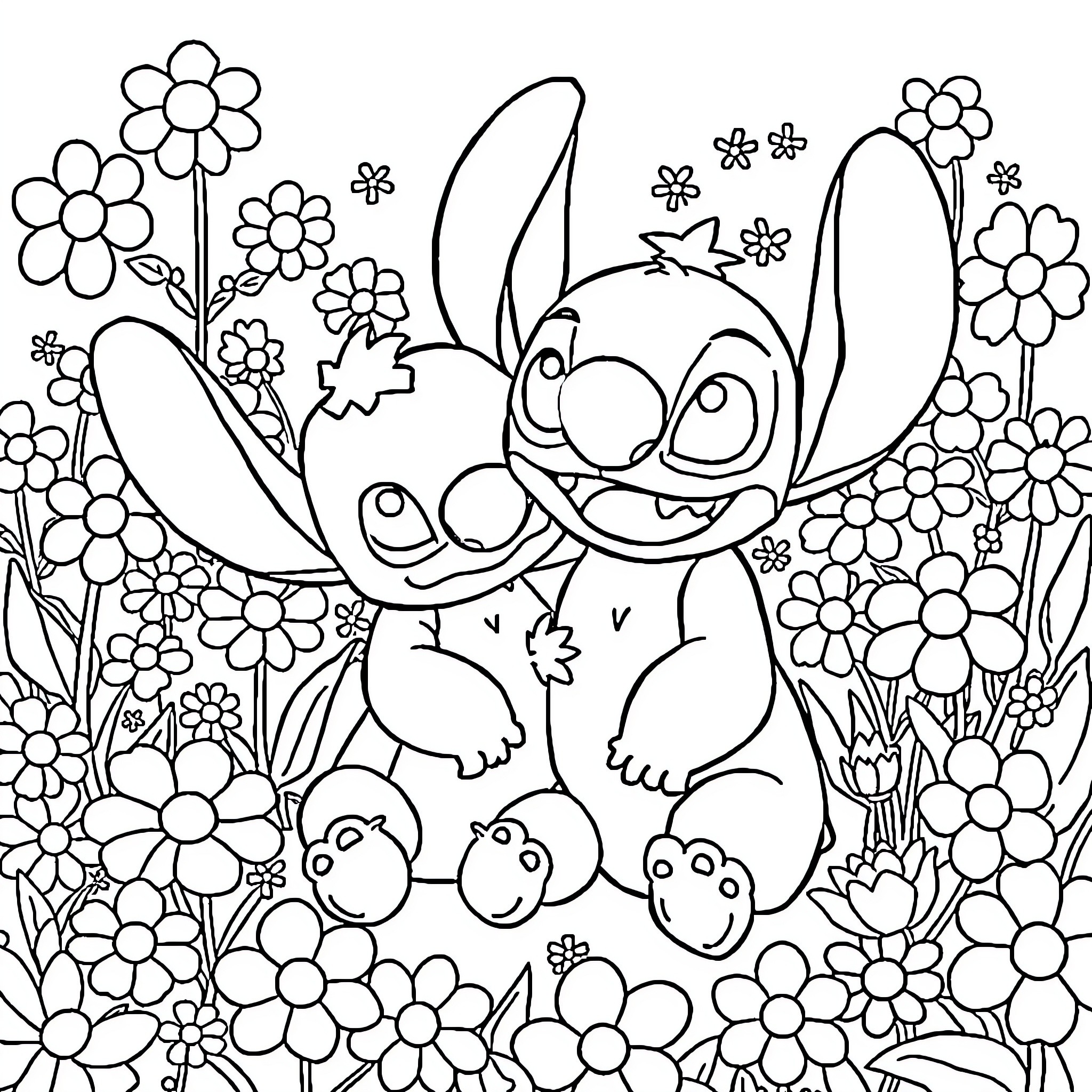 Cinnamoroll enjoying a flowery garden Coloring Page (free black-and-white line drawing printable PDF for all, from beginners to advanced learners, including children, teens, adults, and seniors)