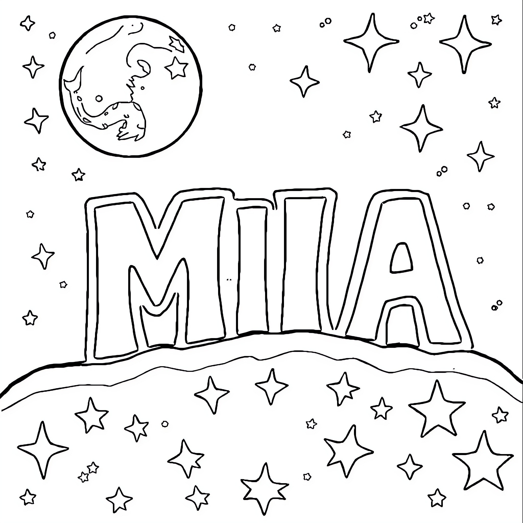 Mia's Starry Night Adventure Coloring Page (free black-and-white line drawing printable PDF for all, from beginners to advanced learners, including children, teens, adults, and seniors)