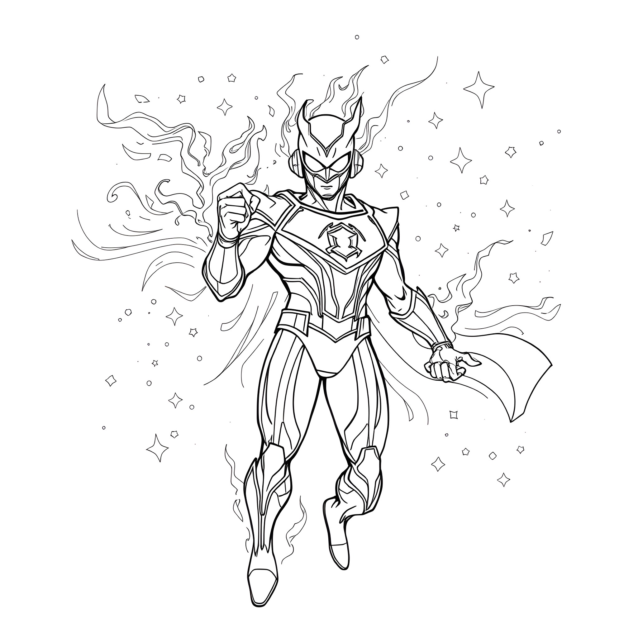Human Lantern with Cosmic Powers Coloring Page (free black-and-white line drawing printable PDF for all, from beginners to advanced learners, including children, teens, adults, and seniors)