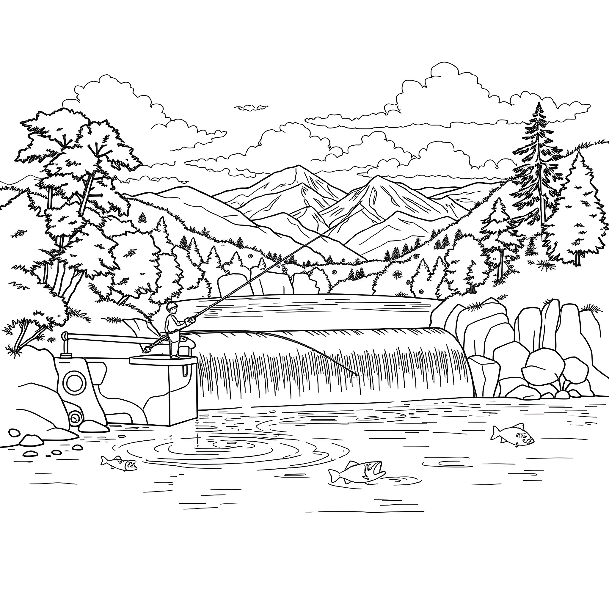 Fishing in a serene mountain landscape Coloring Page (free black-and-white line drawing printable PDF for all, from beginners to advanced learners, including children, teens, adults, and seniors)