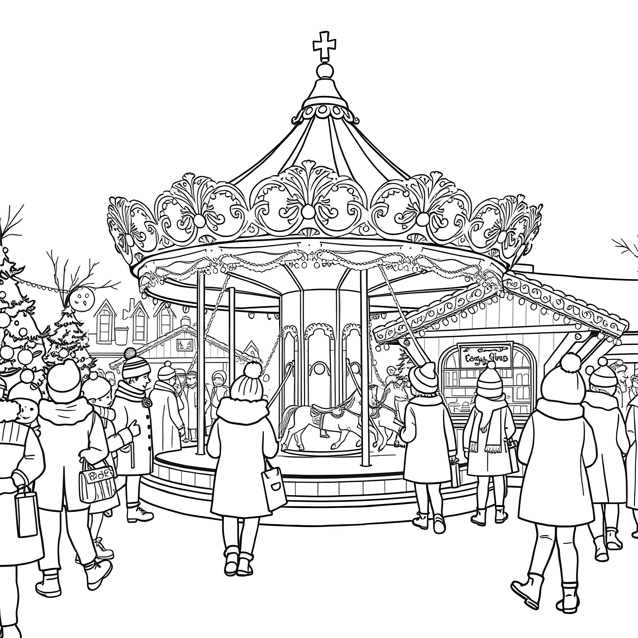 Christmas Market with Festive Carousel and Crowd Coloring Page (free black-and-white line drawing printable PDF for all, from beginners to advanced learners, including children, teens, adults, and seniors)