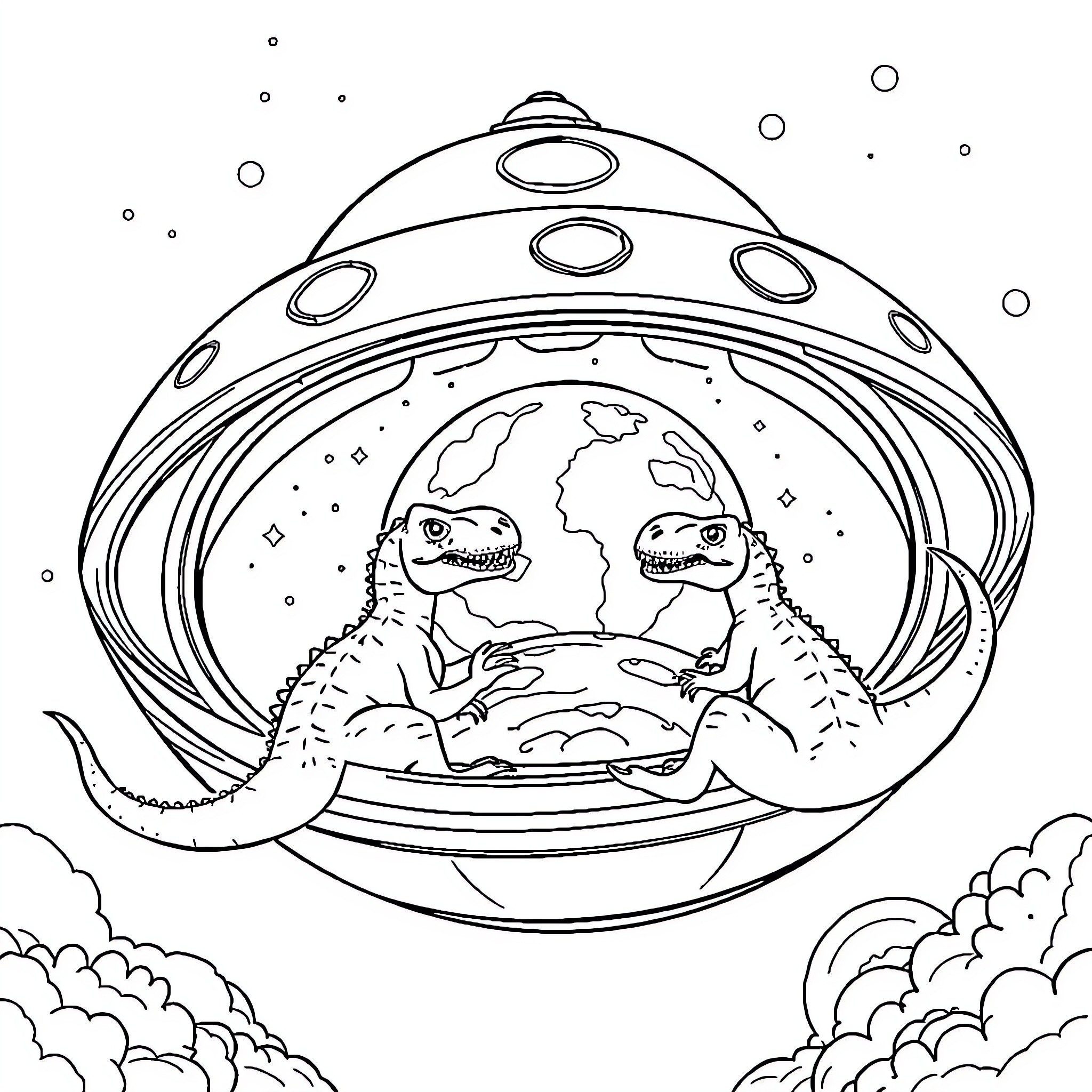 Dinosaurs exploring a futuristic spacecraft Coloring Page (free black-and-white line drawing printable PDF for all, from beginners to advanced learners, including children, teens, adults, and seniors)