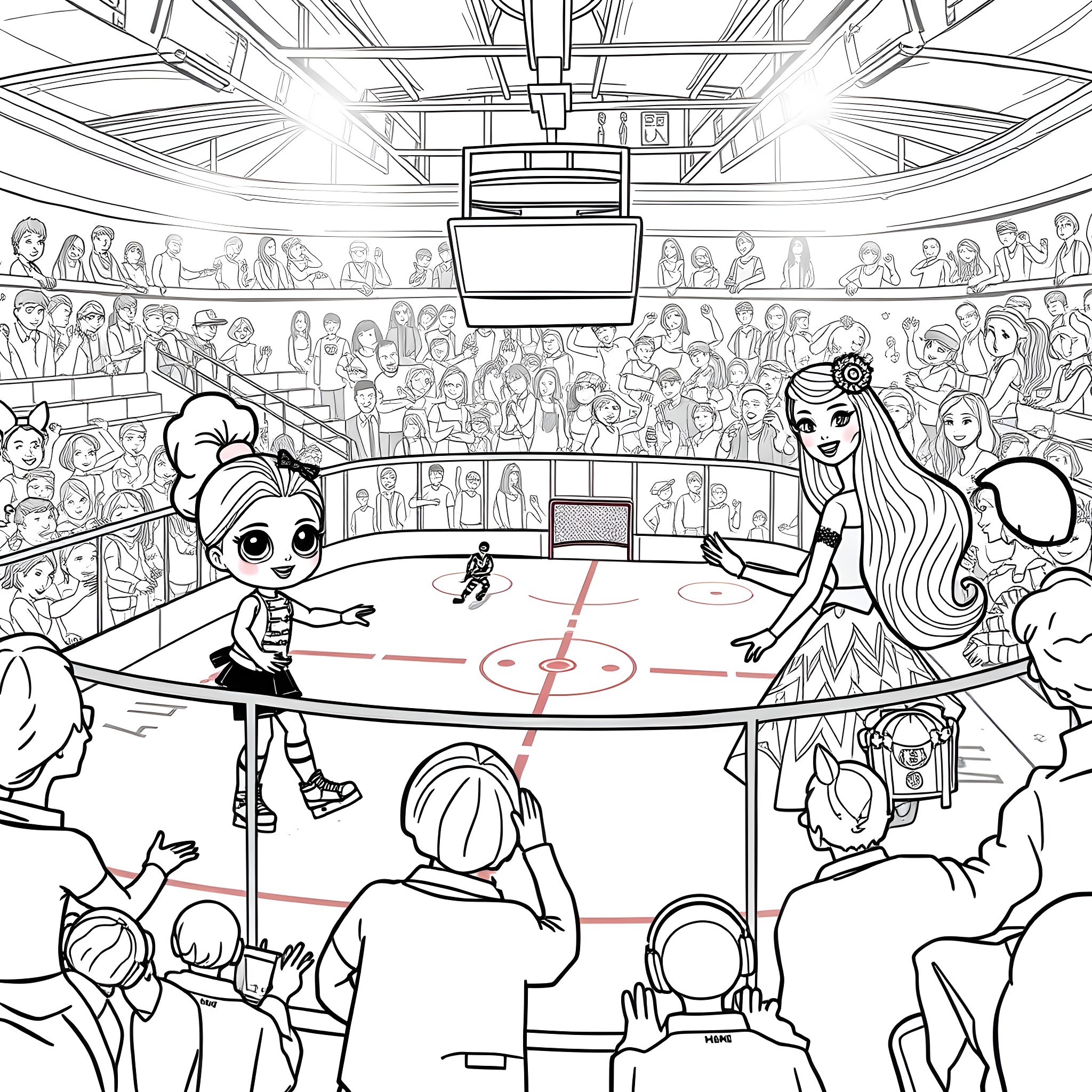 Doll Friends Playing Hockey in a Crowded Stadium Coloring Page (free black-and-white line drawing printable PDF for all, from beginners to advanced learners, including children, teens, adults, and seniors)
