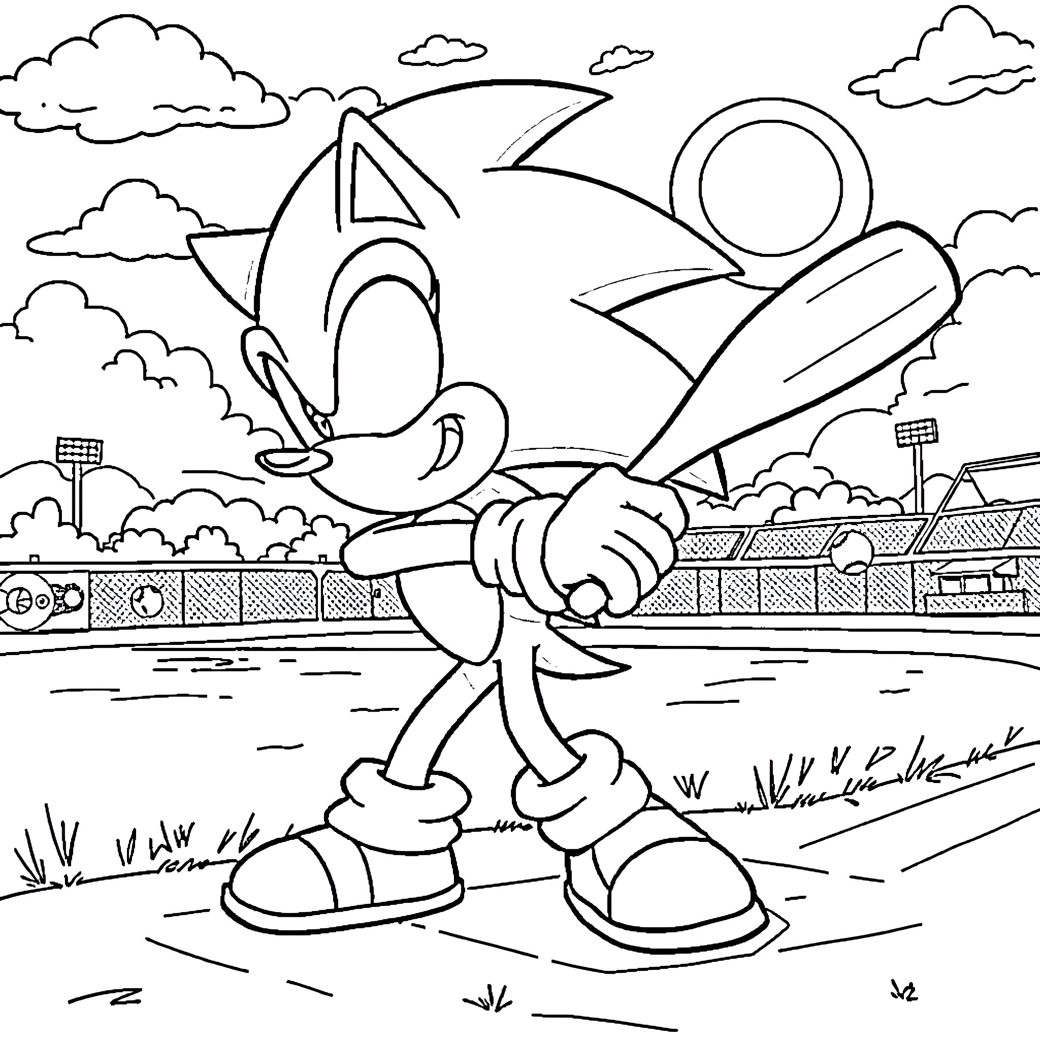 Sonic the Hedgehog running on the sports field Coloring Page (free black-and-white line drawing printable PDF for all, from beginners to advanced learners, including children, teens, adults, and seniors)