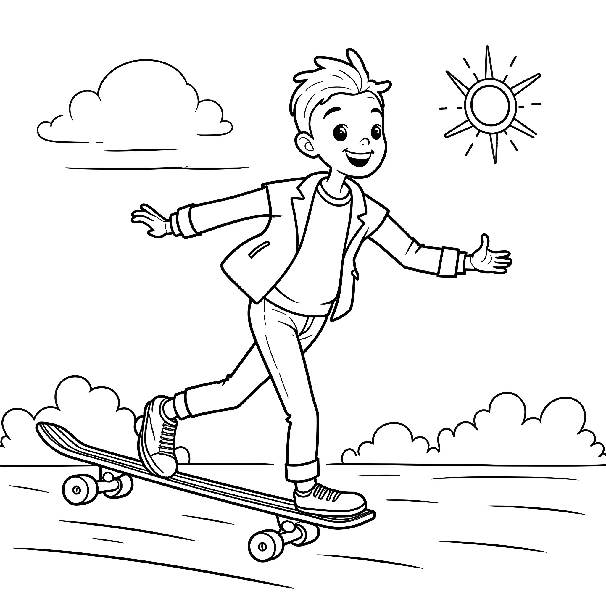 Pee Wee Herman skateboarding in the park Coloring Page (free black-and-white line drawing printable PDF for all, from beginners to advanced learners, including children, teens, adults, and seniors)