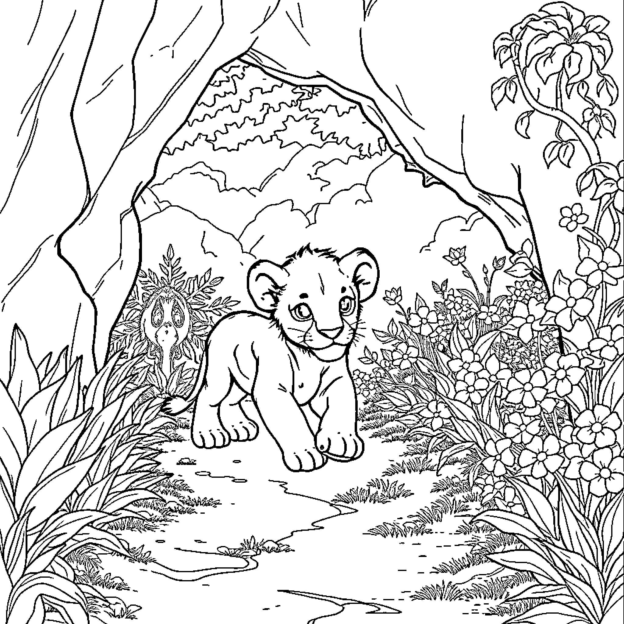 Lion Cub Exploring the Lush Jungle Landscape Coloring Page (free black-and-white line drawing printable PDF for all, from beginners to advanced learners, including children, teens, adults, and seniors)