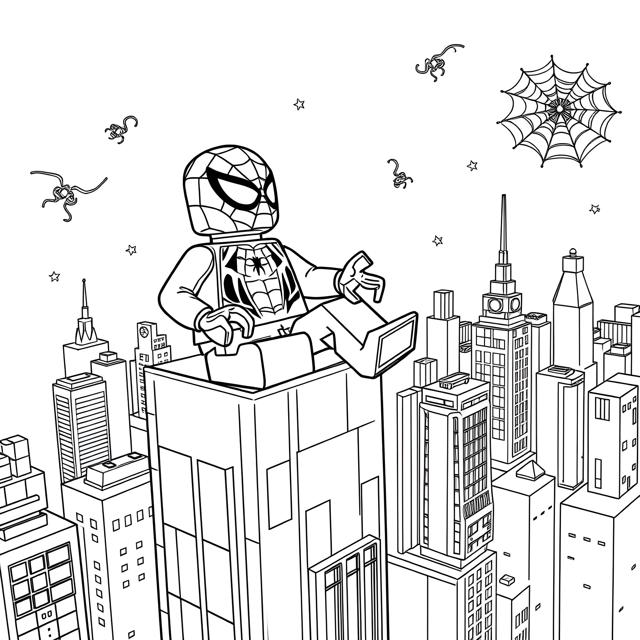 Lego Spiderman exploring the city Coloring Page (free black-and-white line drawing printable PDF for all, from beginners to advanced learners, including children, teens, adults, and seniors)