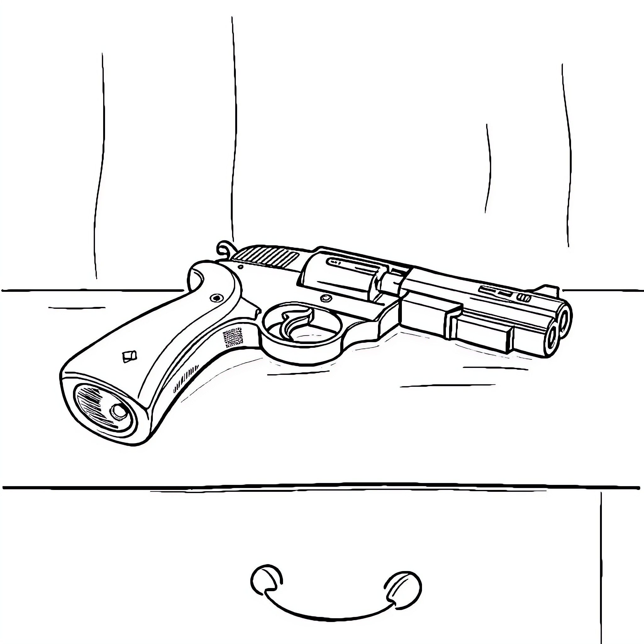 Pistol on a simple background Coloring Page (free black-and-white line drawing printable PDF for all, from beginners to advanced learners, including children, teens, adults, and seniors)