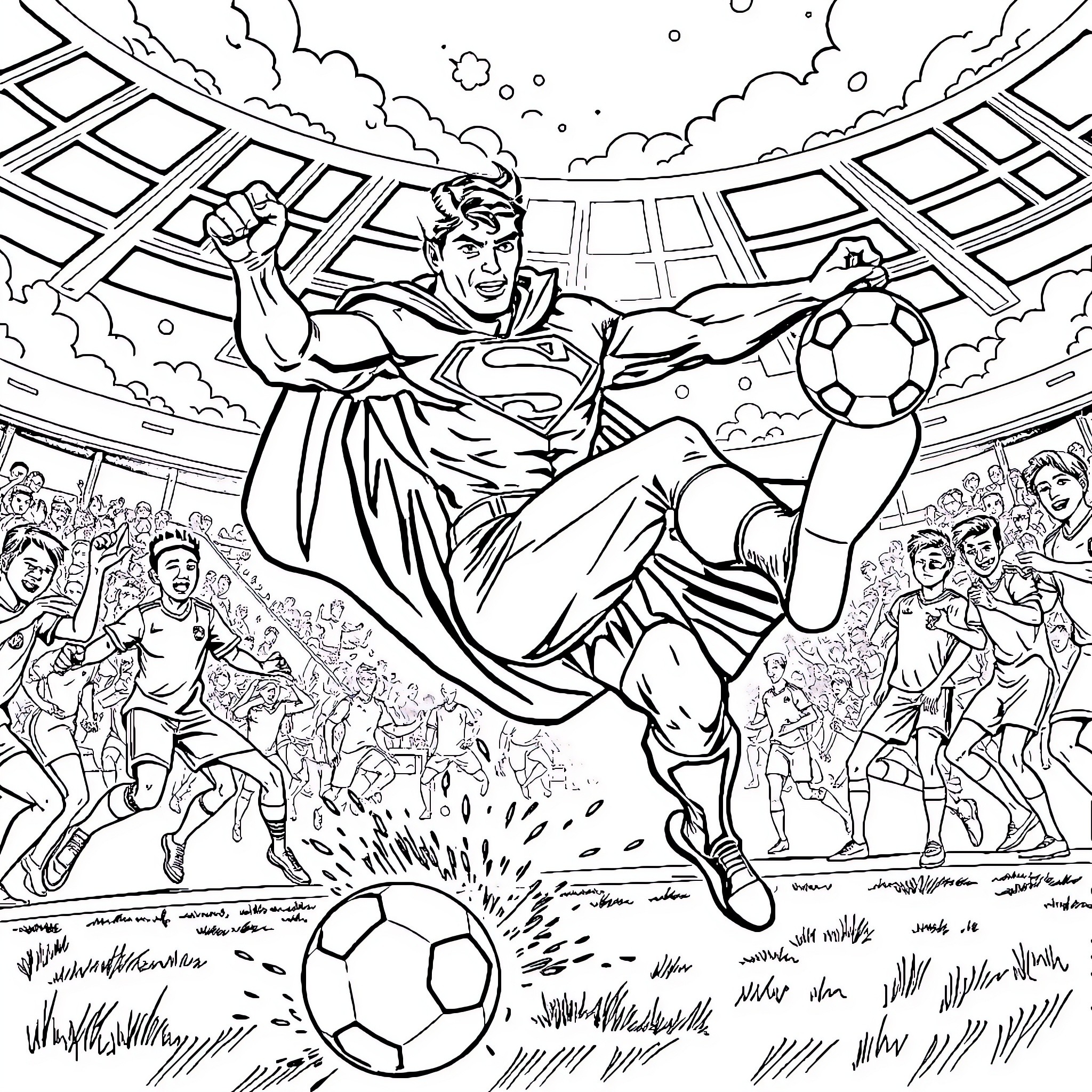 Superman Displaying Heroic Actions in a Sports Stadium Coloring Page (free black-and-white line drawing printable PDF for all, from beginners to advanced learners, including children, teens, adults, and seniors)
