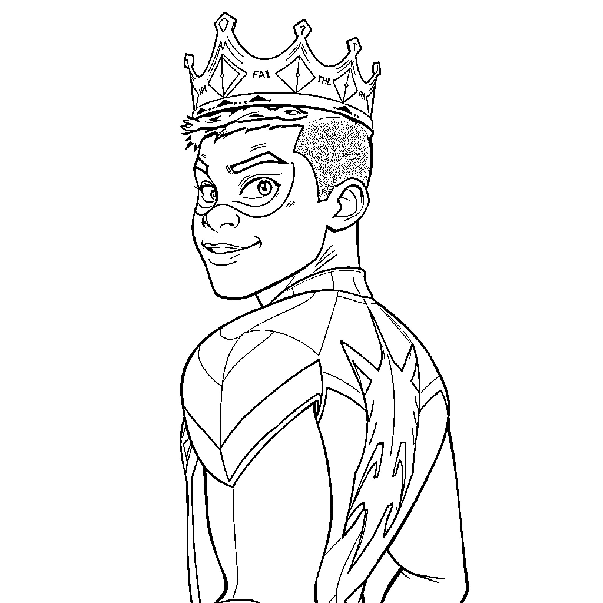 Miles Morales as a Heroic and Regal Figure Coloring Page (free black-and-white line drawing printable PDF for all, from beginners to advanced learners, including children, teens, adults, and seniors)