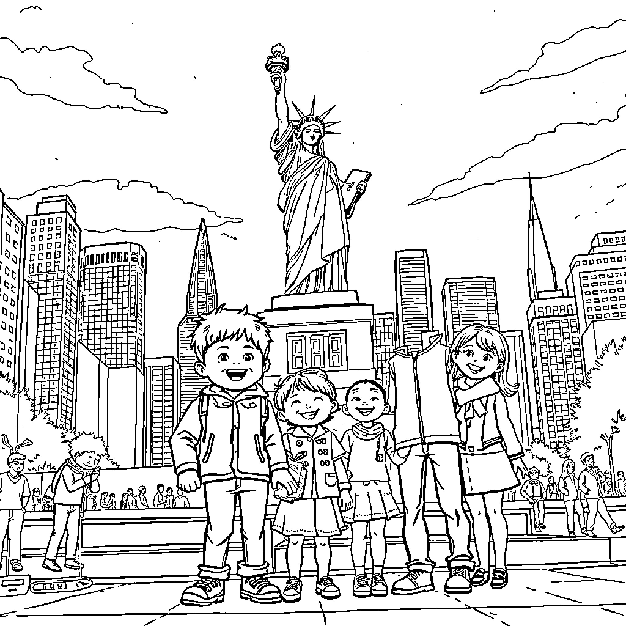 Child family visiting the Statue of Liberty Coloring Page (free black-and-white line drawing printable PDF for all, from beginners to advanced learners, including children, teens, adults, and seniors)