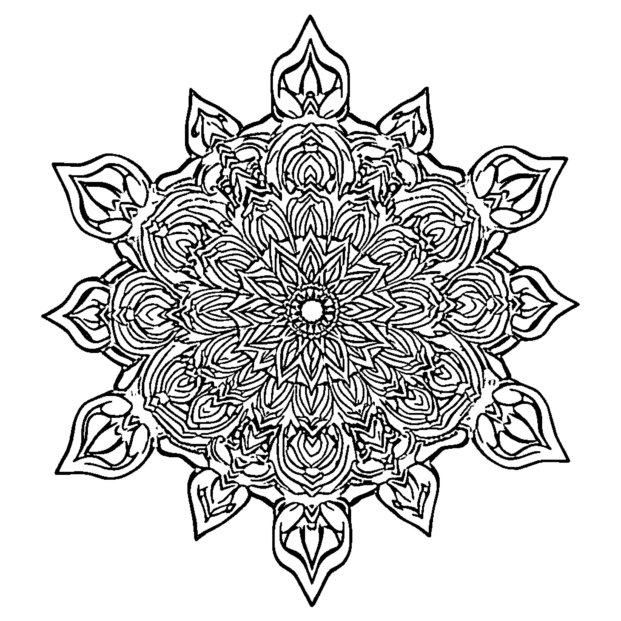 Mandala of intricate floral patterns and shapes Coloring Page (free black-and-white line drawing printable PDF for all, from beginners to advanced learners, including children, teens, adults, and seniors)