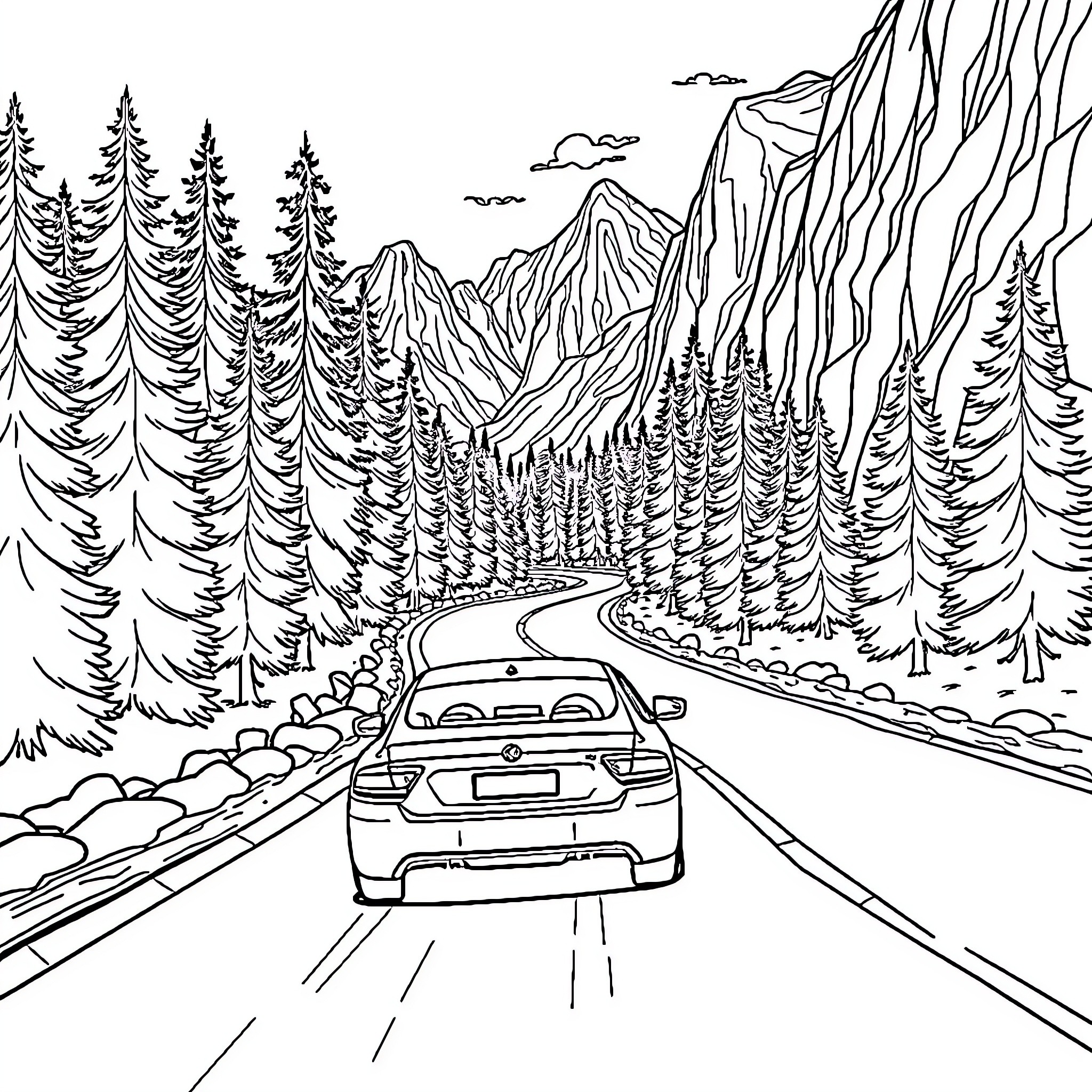 Drifting through the scenic mountain road Coloring Page (free black-and-white line drawing printable PDF for all, from beginners to advanced learners, including children, teens, adults, and seniors)