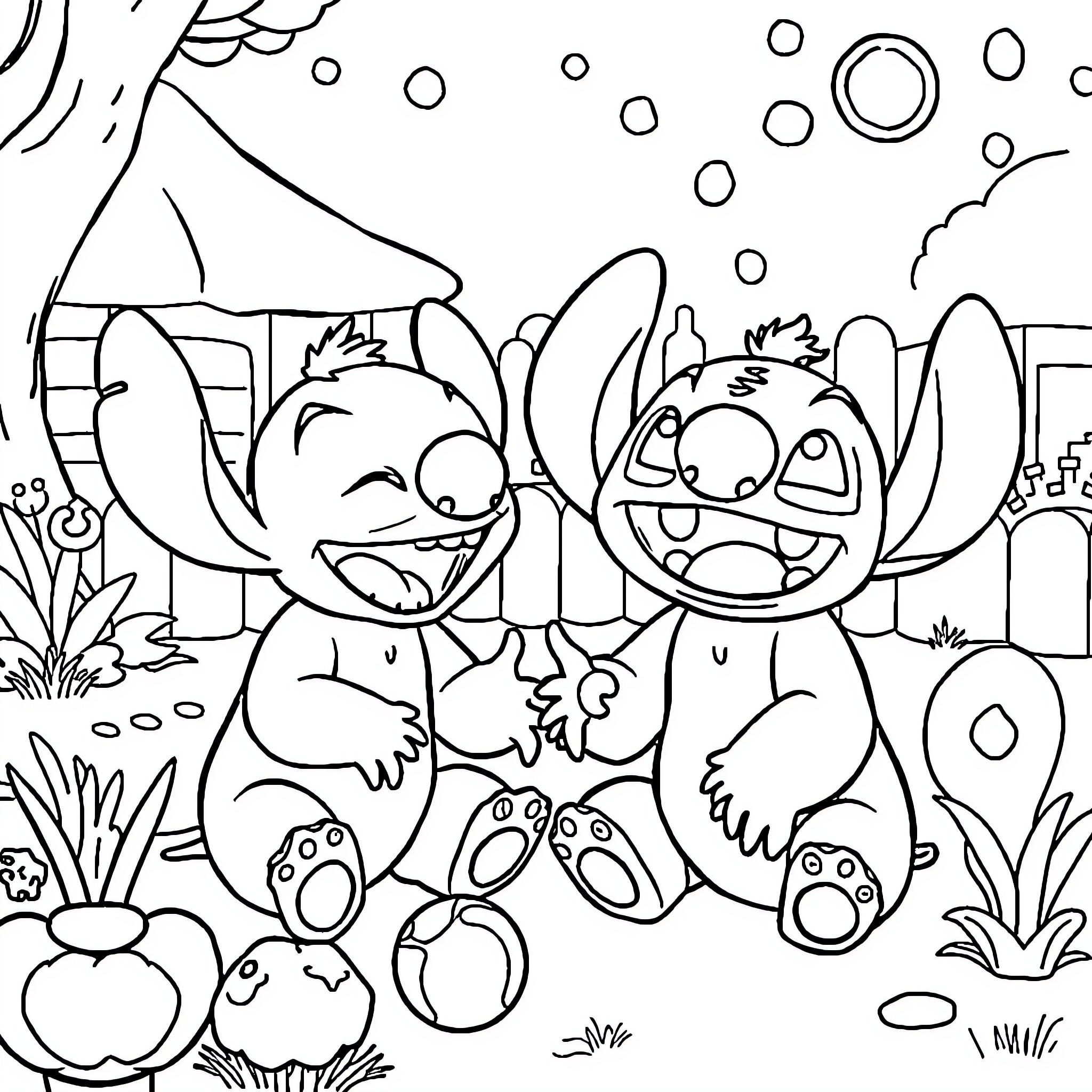 Bluey and Stitch's Playful Adventure Coloring Page (free black-and-white line drawing printable PDF for all, from beginners to advanced learners, including children, teens, adults, and seniors)