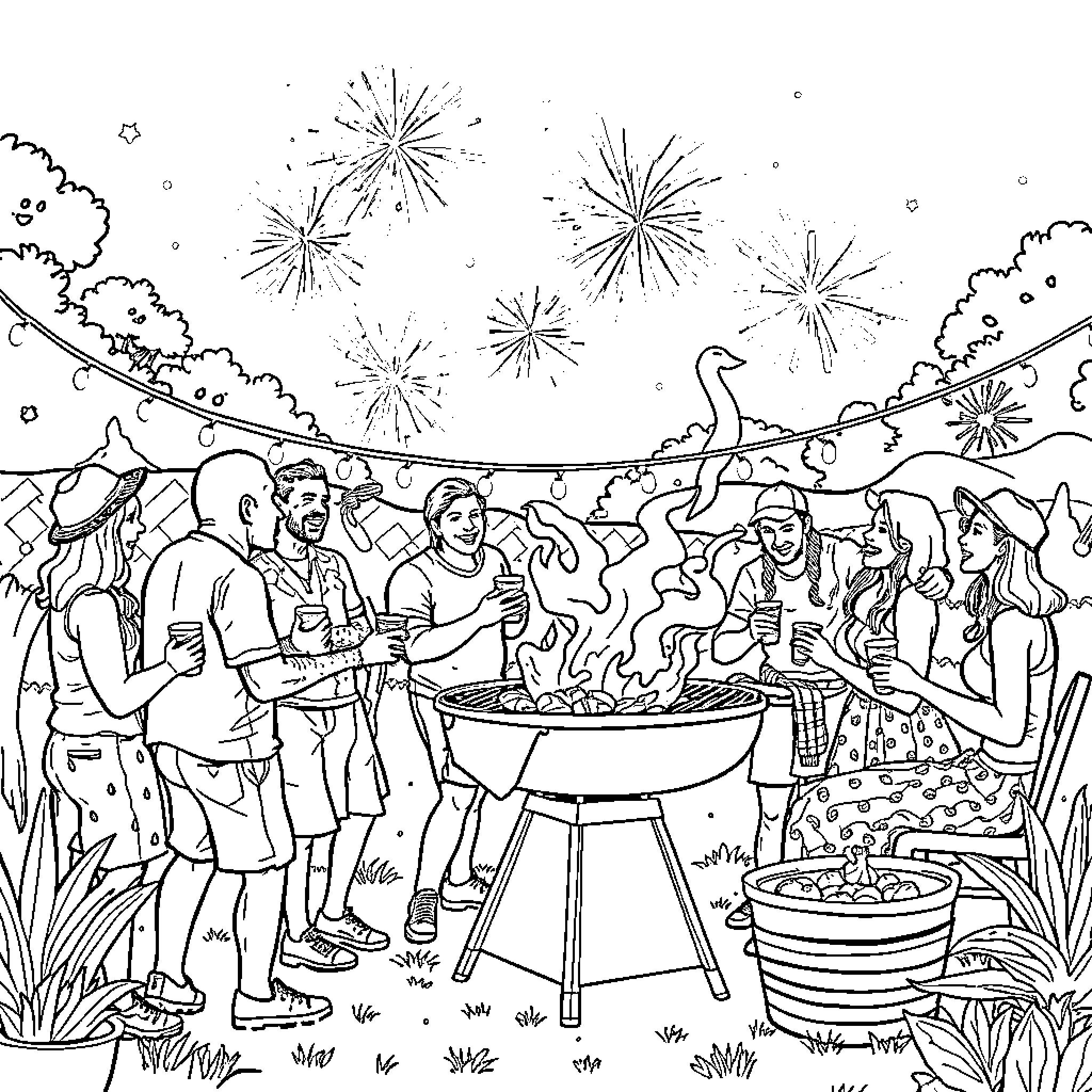 BBQ party with lively celebrations and fireworks Coloring Page (free black-and-white line drawing printable PDF for all, from beginners to advanced learners, including children, teens, adults, and seniors)