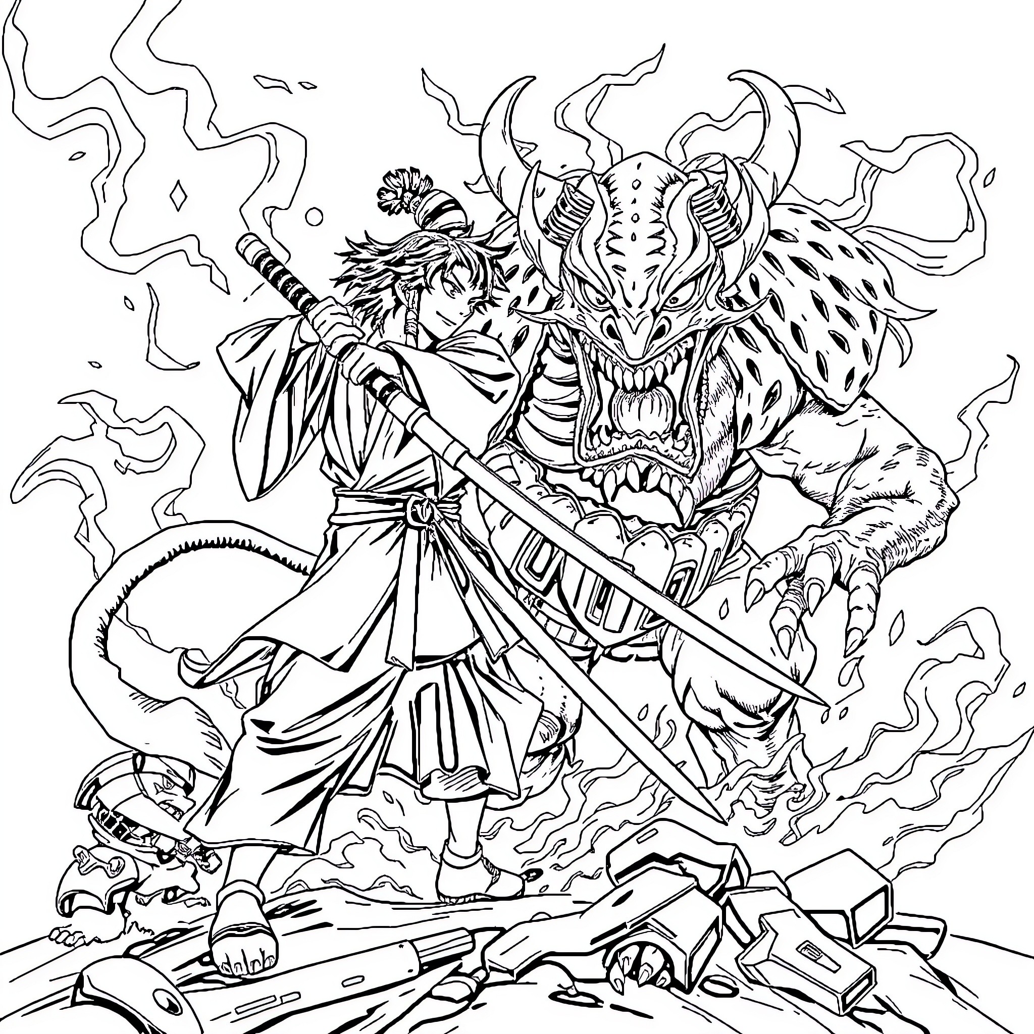 Tanjiro's Fierce Battle with the Fearsome Demon Coloring Page (free black-and-white line drawing printable PDF for all, from beginners to advanced learners, including children, teens, adults, and seniors)