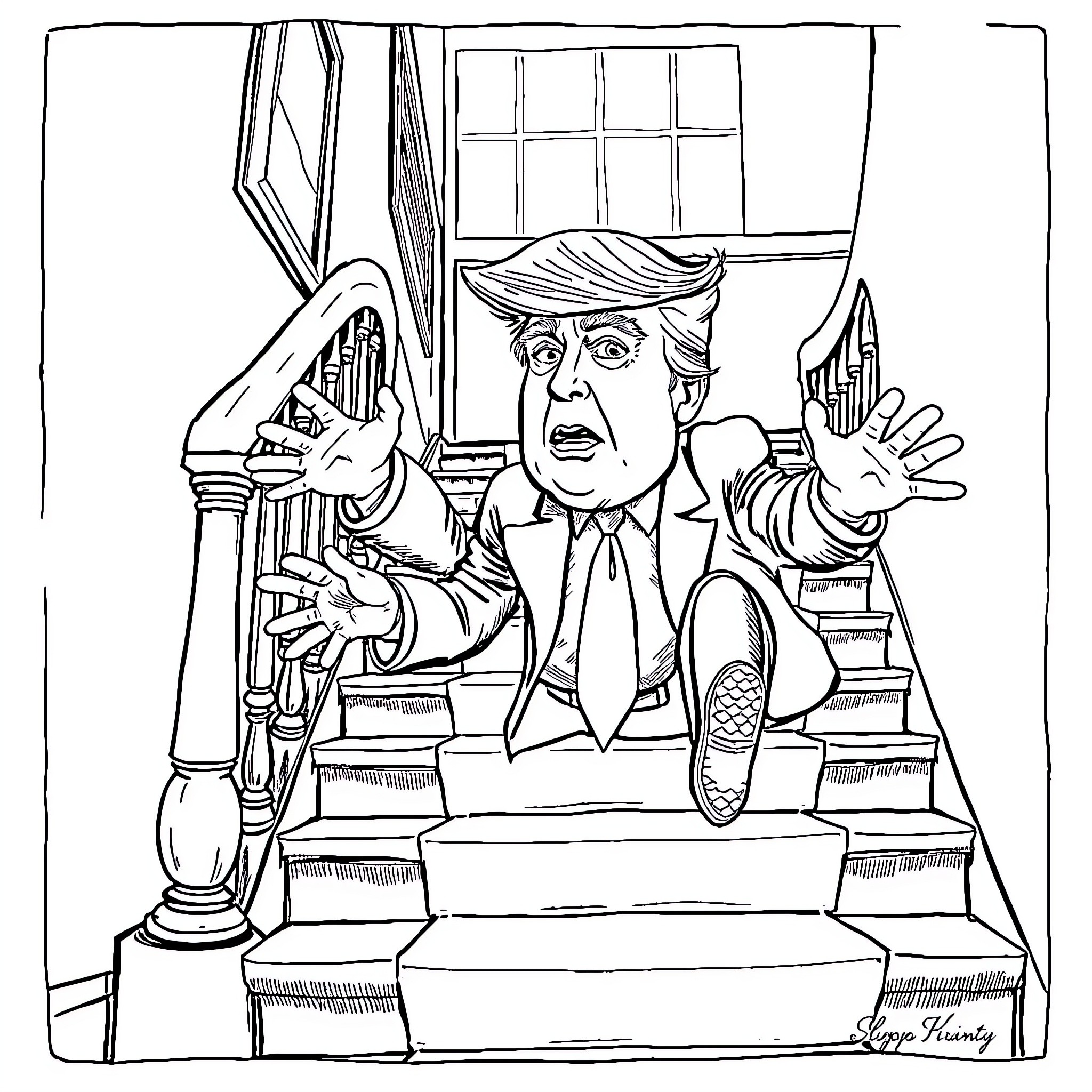 Trump shouting in anger from a podium Coloring Page (free black-and-white line drawing printable PDF for all, from beginners to advanced learners, including children, teens, adults, and seniors)
