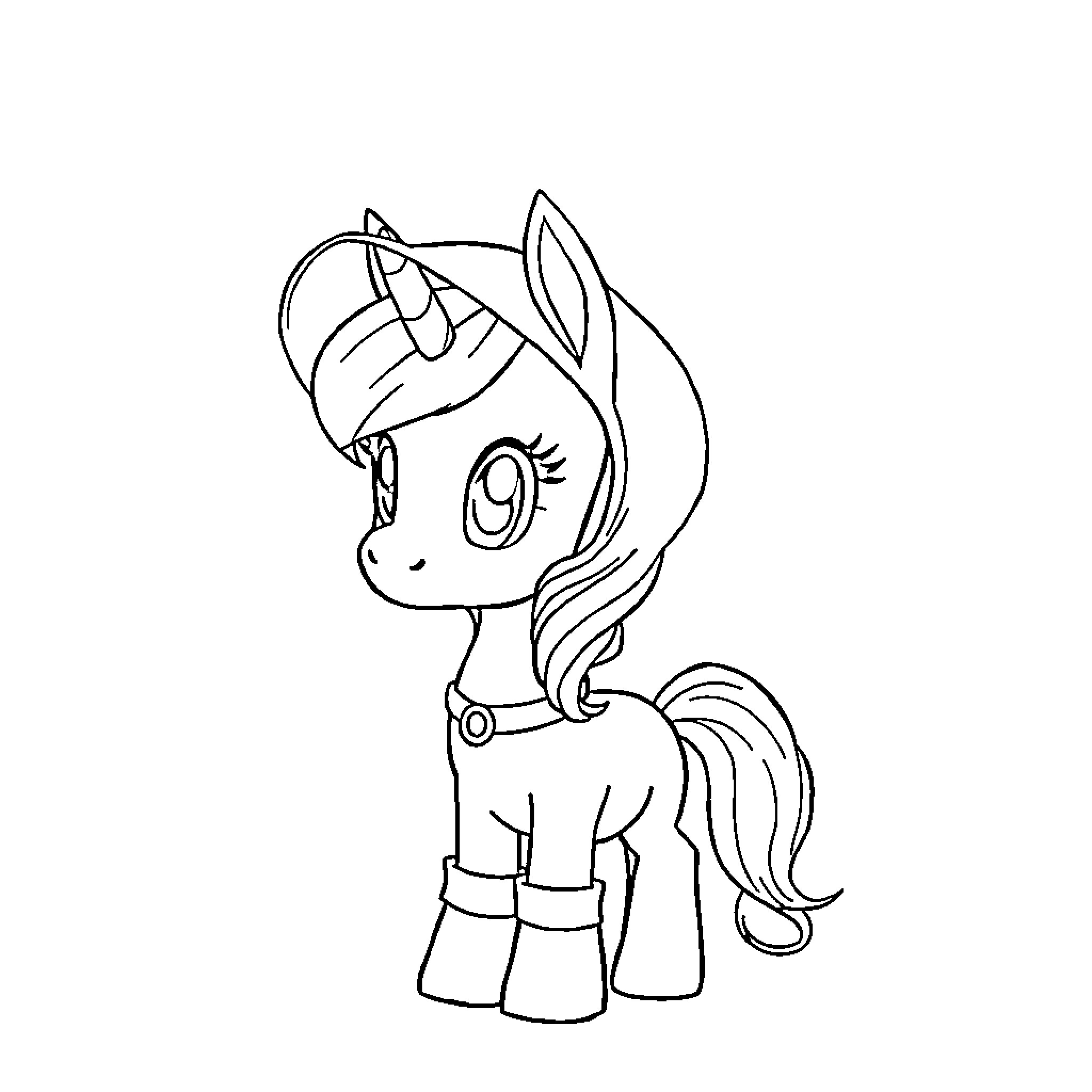 Pony with Accessories Posing Happily Coloring Page (free black-and-white line drawing printable PDF for all, from beginners to advanced learners, including children, teens, adults, and seniors)