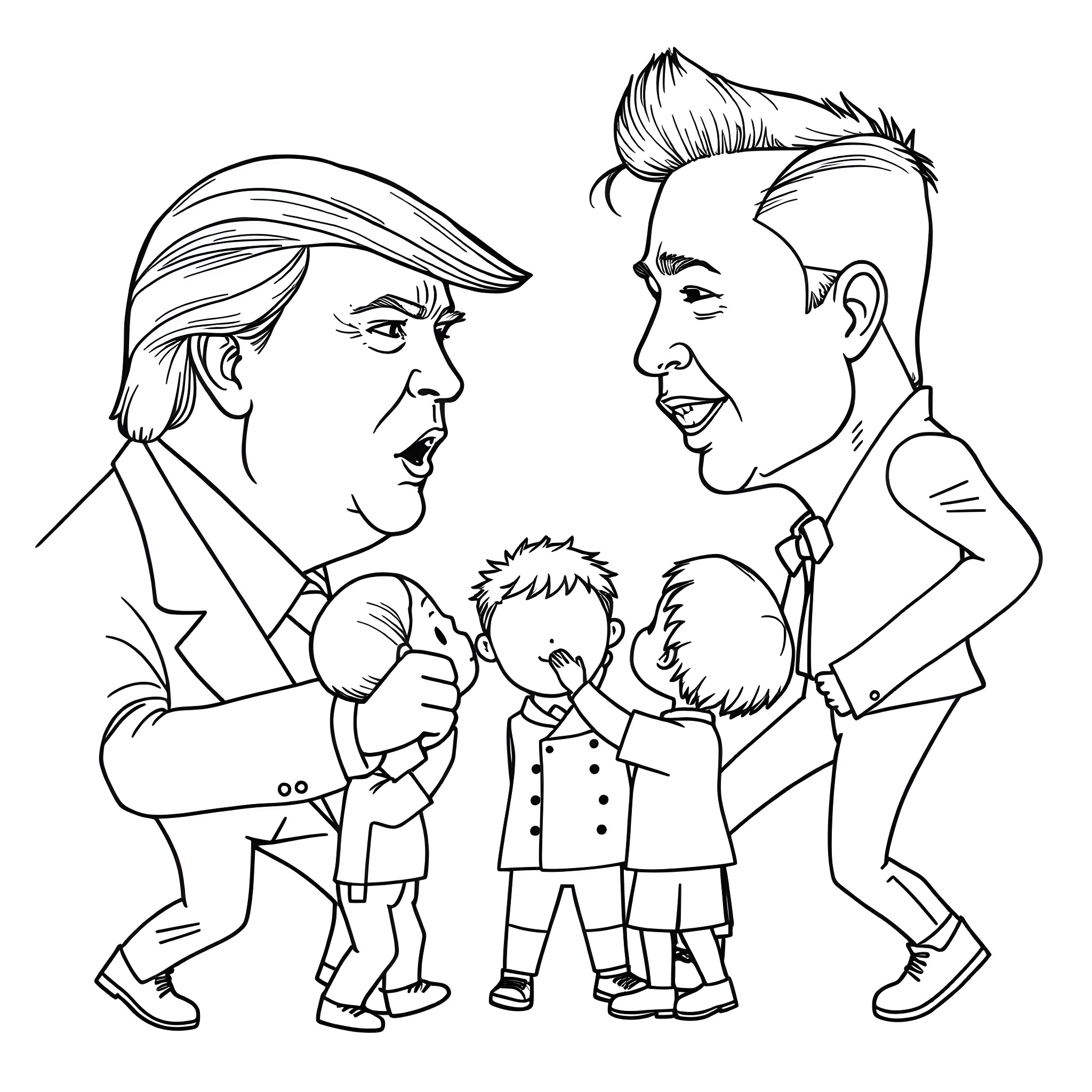 Donald Trump and his family in an animated line art illustration Coloring Page (free black-and-white line drawing printable PDF for all, from beginners to advanced learners, including children, teens, adults, and seniors)