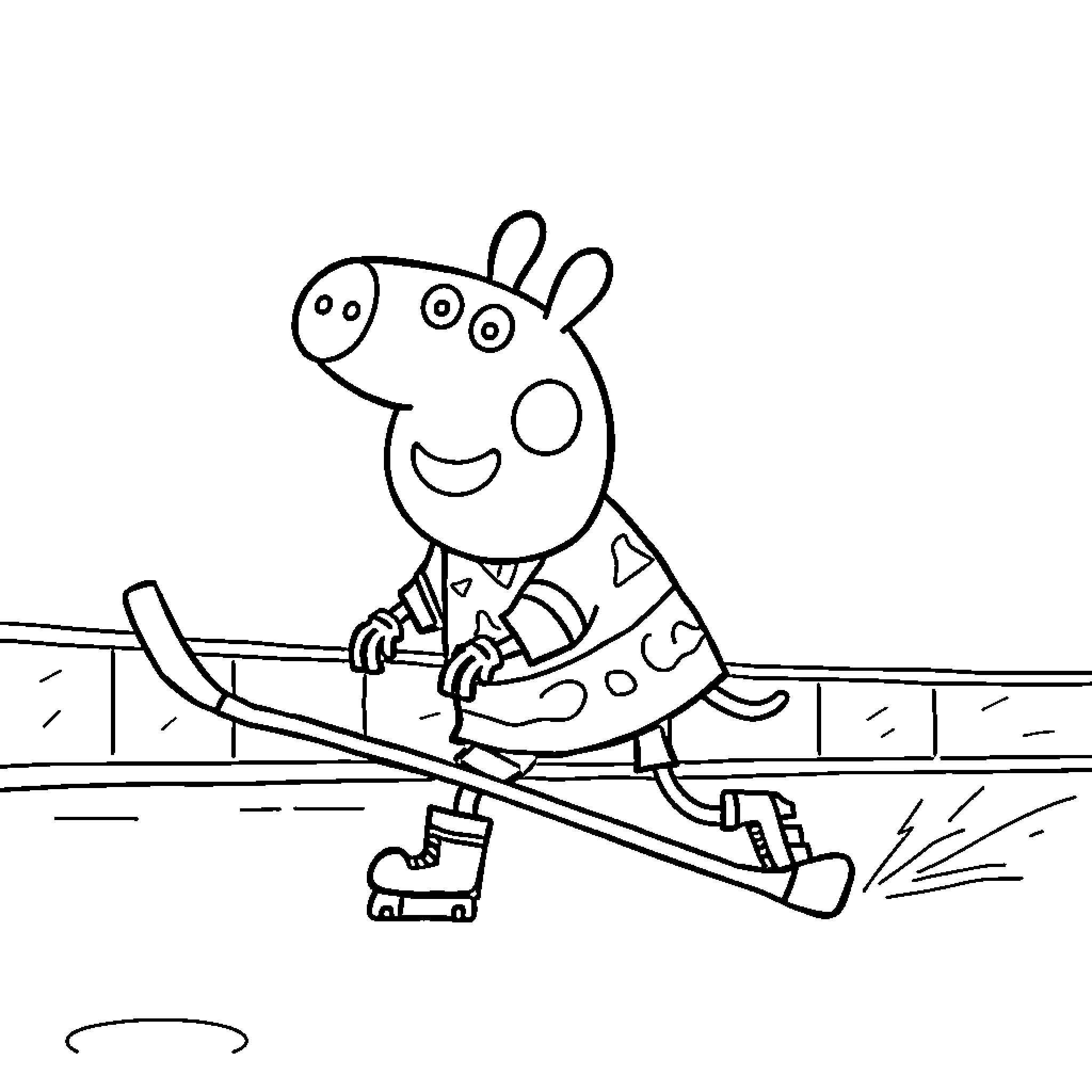 Peppa Pig enjoys roller skating on the path Coloring Page (free black-and-white line drawing printable PDF for all, from beginners to advanced learners, including children, teens, adults, and seniors)