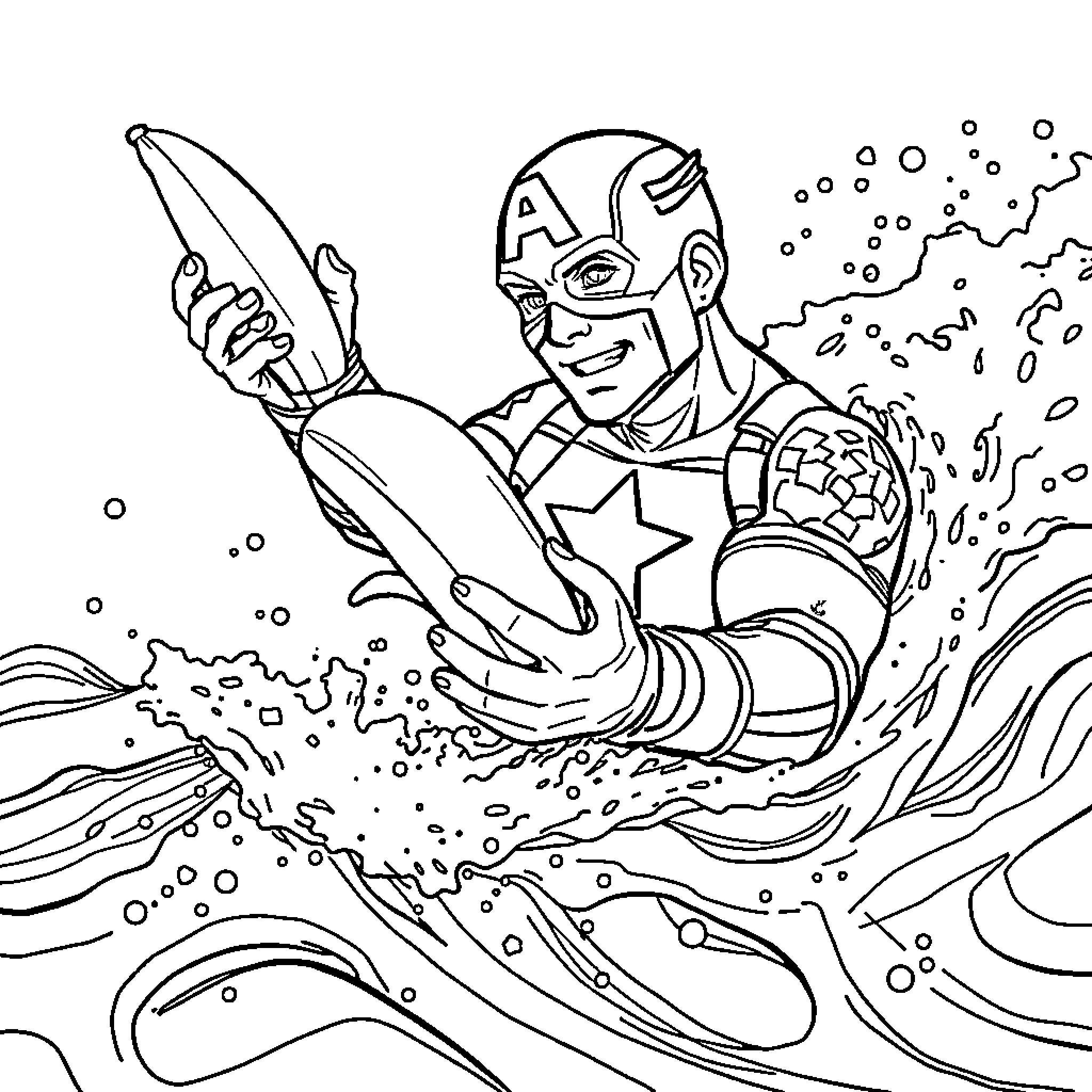 Captain America surfing heroically through the waves Coloring Page (free black-and-white line drawing printable PDF for all, from beginners to advanced learners, including children, teens, adults, and seniors)