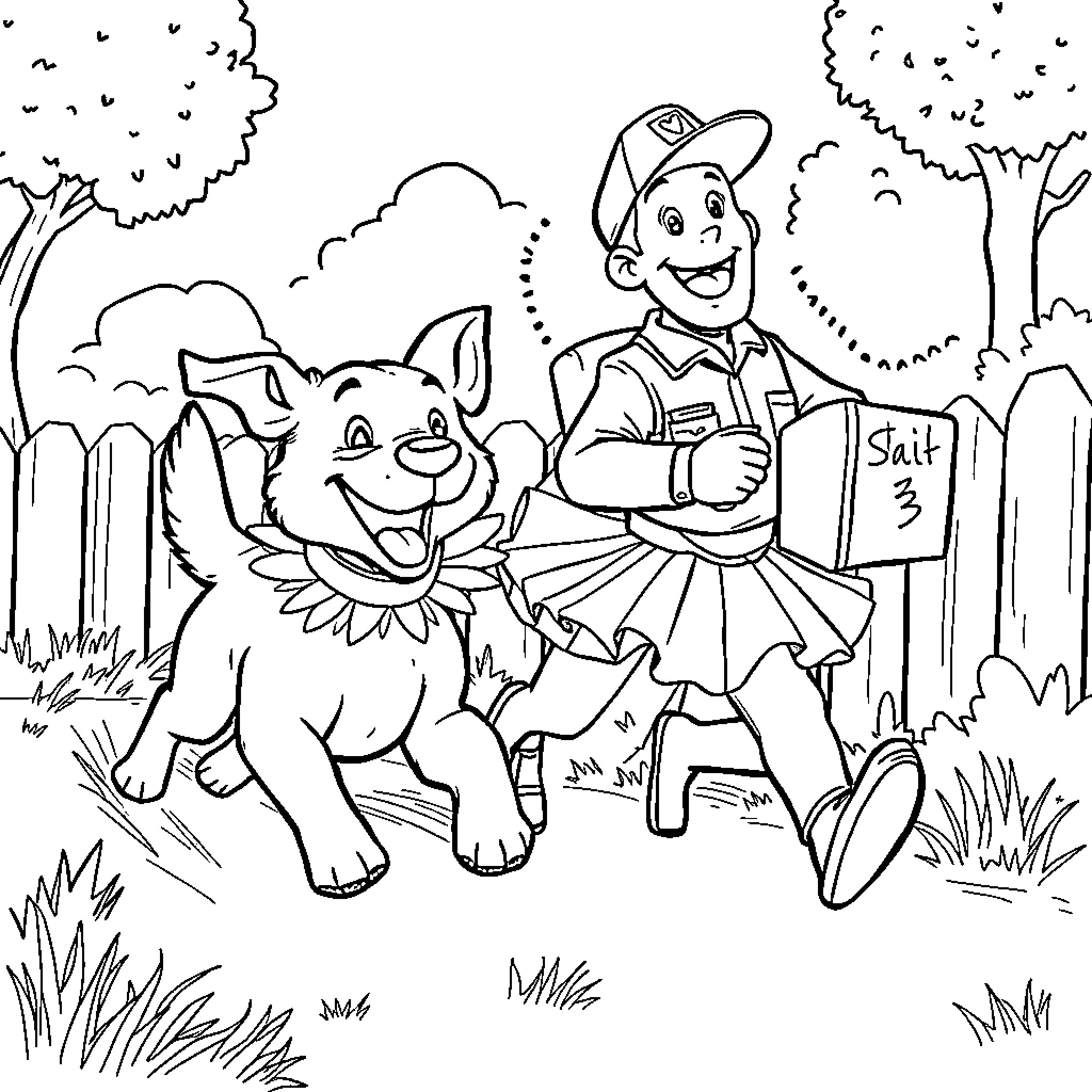 Dog and Ranger Exploring the Outdoor Scene Coloring Page (free black-and-white line drawing printable PDF for all, from beginners to advanced learners, including children, teens, adults, and seniors)