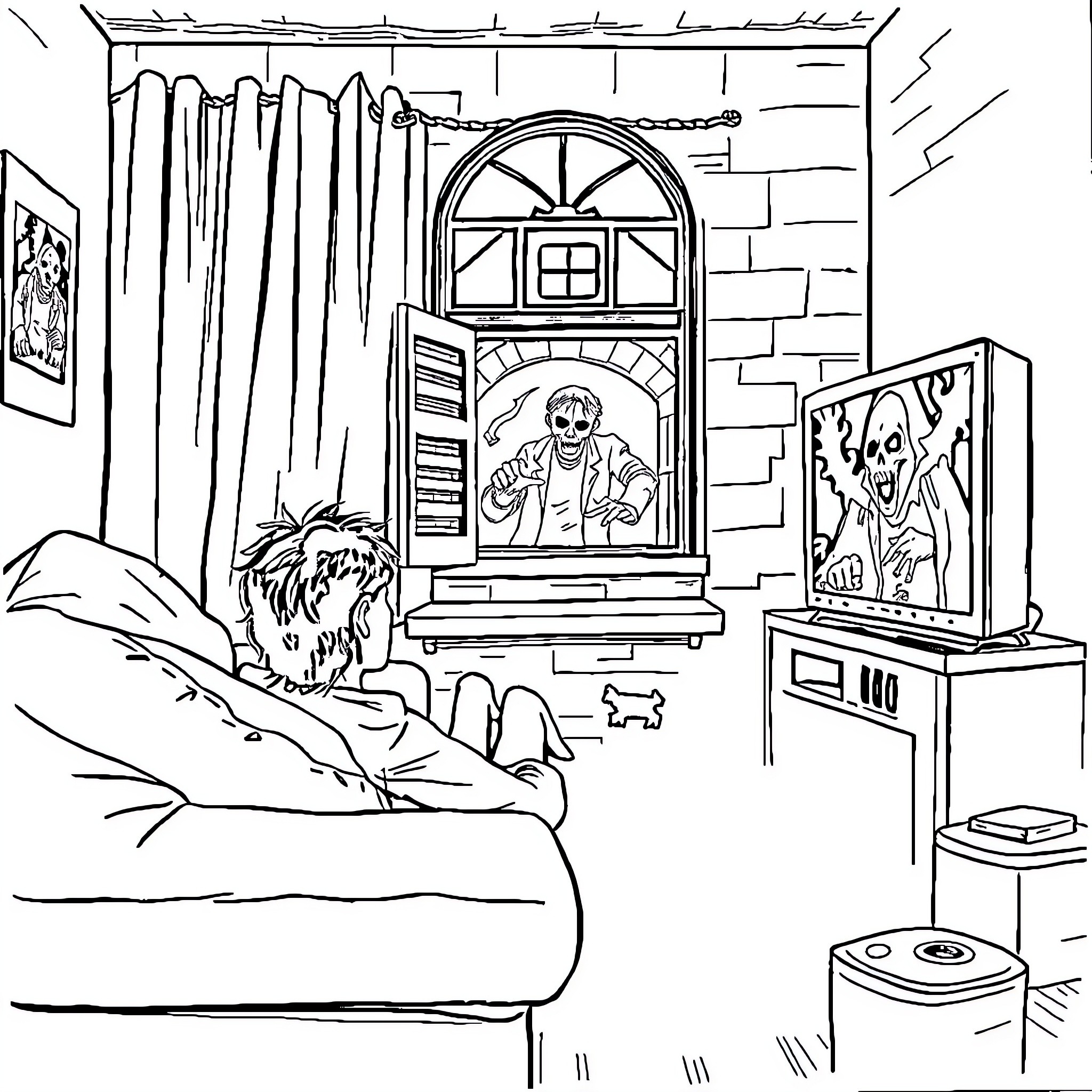 Persona of a Gamer in their Cozy Abode Coloring Page (free black-and-white line drawing printable PDF for all, from beginners to advanced learners, including children, teens, adults, and seniors)